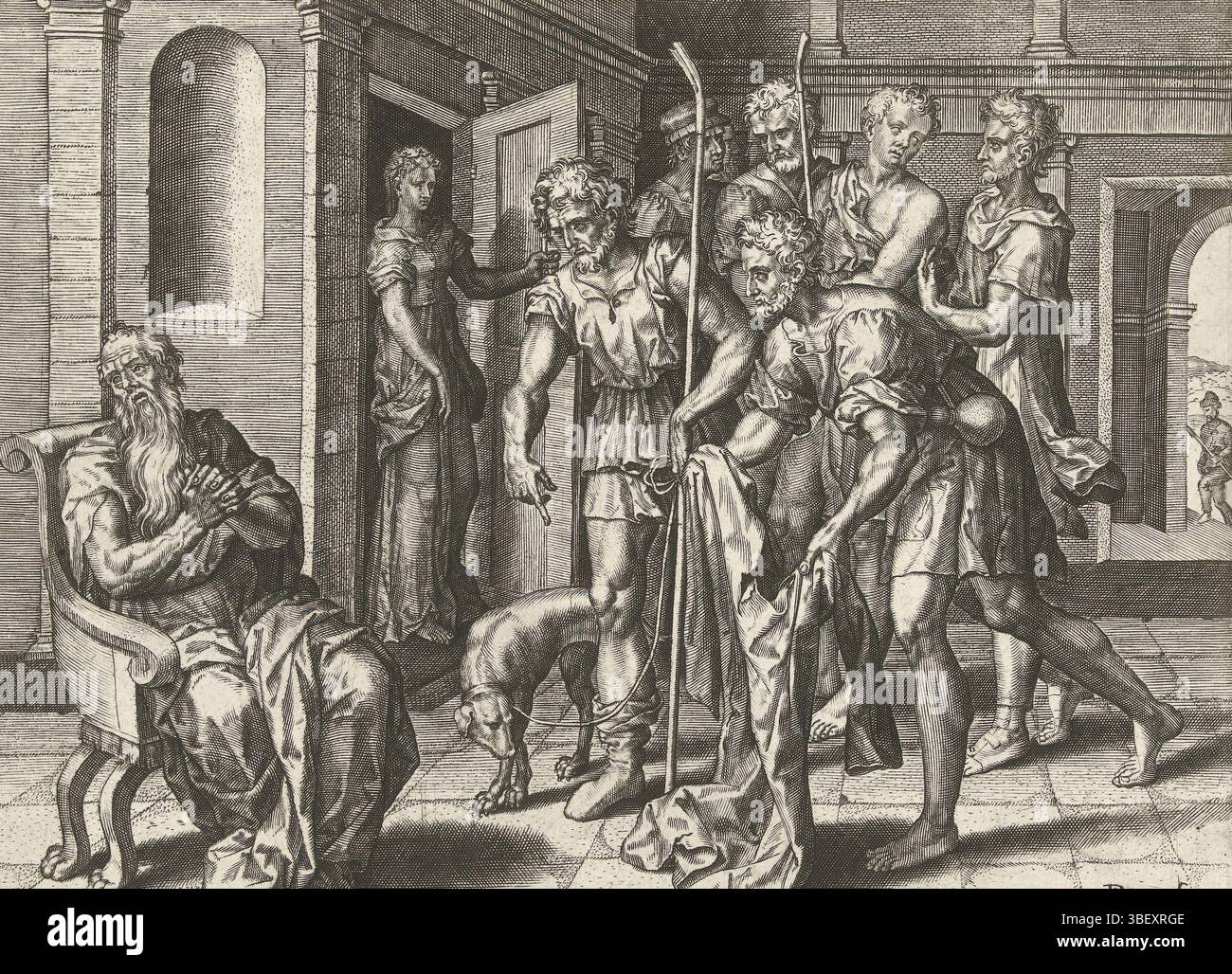 Furnius, Pieter Jalhea, Furnius, Geschichte Josephs, Jakob sieht das blutige Kleid Josephs, Recto - Handschrift in brauner Tinte, Joseph wurde von seinen Brüdern als Sklave an eine Karawane verkauft. Als sie nach Hause kommen, zeigen sie ihrem Vater Josephs blutiges Kleid und sagen ihm, dass sie es in der Wildnis gefunden haben. Jakob glaubt daher, dass sein Sohn von einem Raubtier gefressen wird. Unter dem Bild befindet sich eine lateinische Textzeile, die links nummeriert ist: 3. Der Druck ist Teil einer Serie von Drucken über das Leben von Jozef., Druck, rückseitig - geprägt, comme ses frere viennent lai acheter dubled, 63, Höhe 216 mm, Stockfoto