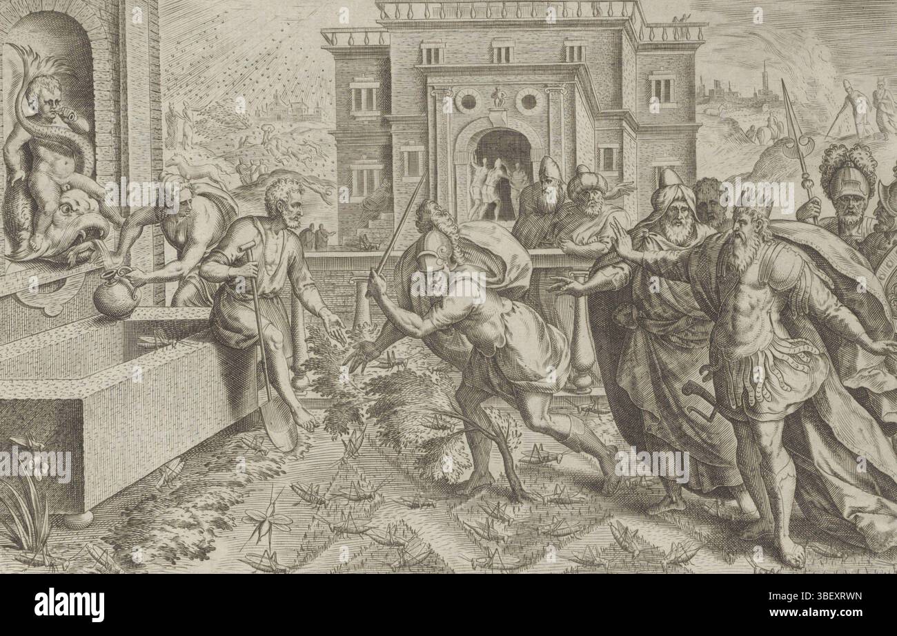 Antwerpen, Jode, Gerard de, Cleve, Marten van (I), Sadeler, Johann (I), Thesaurus sacrarum historiaru[m] veteris testame[n]ti, elega[n]issimis imaginibus expressu[m] excelle[n]tissimoru[m] in hac arte viroru[m] Oper: Now [n]c primu[m] in luce[m] editus, Historia plagarum in Aegijpto, Geschichte Moses für die Preplasts, die Prepladus, Achtelegus, Achtoplague, Achtoplav in Antwerpto. Der Pharao befiehlt einem seiner Soldaten, die Heuschrecken zu Tode zu schlagen. Links füllt ein Diener ein Gefäß mit Wasser. Im Hintergrund links die siebte Pest Ägyptens: Stockfoto