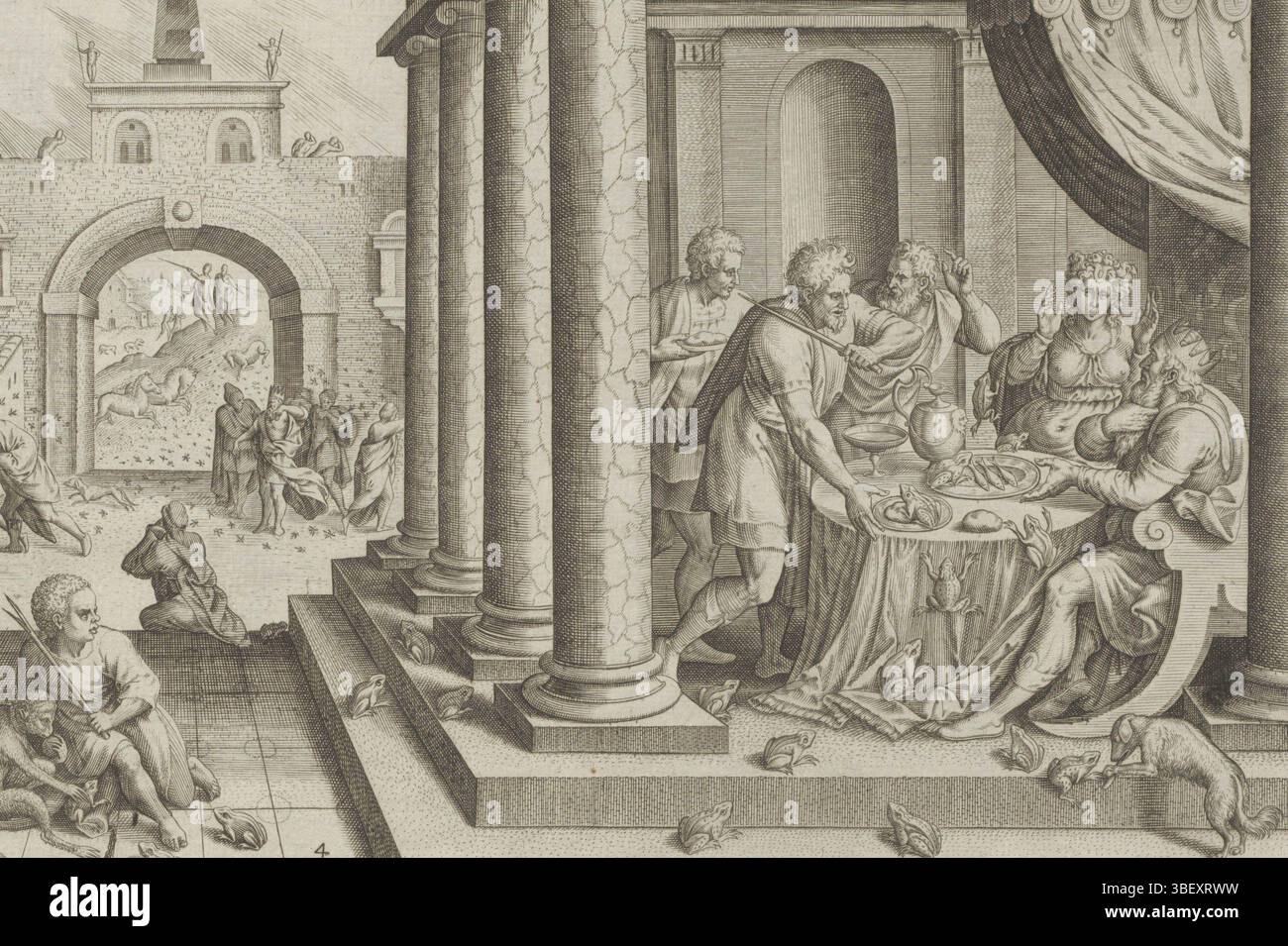 Antwerpen, Jode, Gerard de, Cleve, Marten van (I), Sadeler, Johann (I), Thesaurus sacrarum historiaru[m] veteris testame[n]ti, elega[n]issimis imaginibus expressu[m] excelle[n]tissimoru[m] in hac arte viroru[m] Oper: Now [n]c primu [m] in luce [m] editus, Historia plagarum Exgiepto, Moses für die Geschichte des Moses für den Boden von Antwerpen, die Vormosquitus, die Pest, die zweite Pest in Ägypten. Eine Gruppe von Leuten sitzt am Tisch mit Fröschen überall. Im Hintergrund wird der Pharao von Mücken und Stechfliegen angegriffen. Im Hintergrund Aar Stockfoto