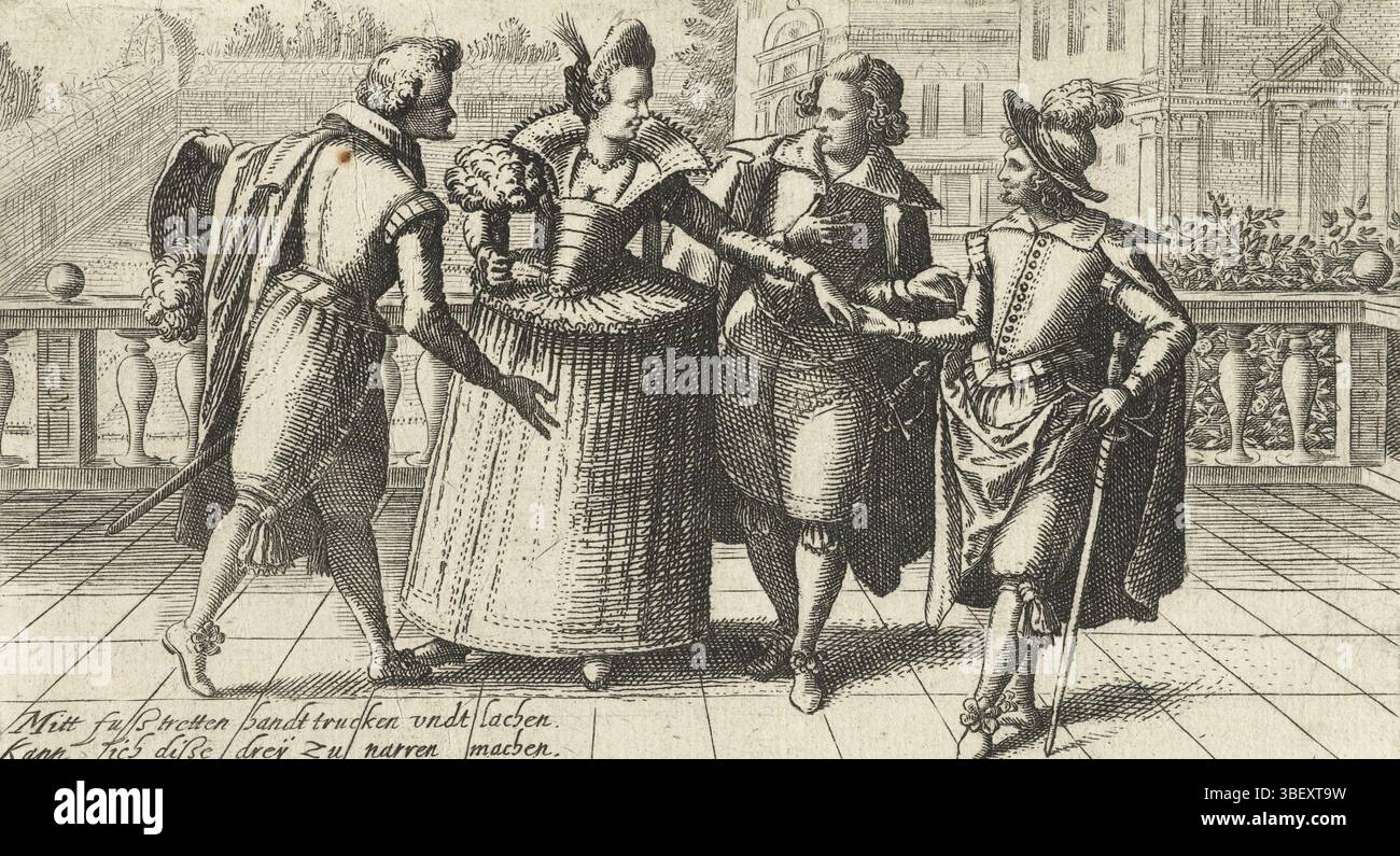 Zuber, Straßburg, Heyden, Jacob van der, Pugillus facetiarum iconographicarum in studioosorum, drei Männer und eine Frau stellen ein deutsches Sprichwort dar, rechts nummeriert: 13. Mit Unterschrift in lateinischer und deutscher Sprache, Druck, Höhe 88 mm, Breite 144 mm, Südholländisch (vor 1775), 1573 - 1645, Druckerei, 1608 - 1608, Papier, Gravur, Gravur (Druckverfahren), Schreibmaschine Stockfoto