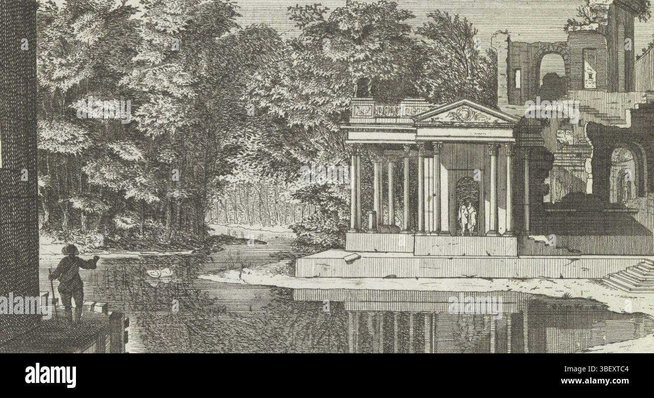 Amsterdam, Esveldt Holtrop, Jan Steven van, Spiegel der natuur en School der stekenkunde, Landschaft mit den Ruinen eines Tempels, Amsterdam, Blick auf eine Ruine eines Tempels, der am Wasser liegt. Für einen Mann mit Hut und Stock. Direkt unter einer unlesbaren Seriennummer. Der Ausdruck ist Teil eines Albums., drucken, Albumsheet, Ausdrucke, Höhe 97 mm, Breite 177 mm, Drucker, 1600 - 1699, Papier, Ätzen, Publikation (Veranstaltung), Publikation, 1777 - 1833-11-20, Verlag, 1787 - 1833 Stockfoto