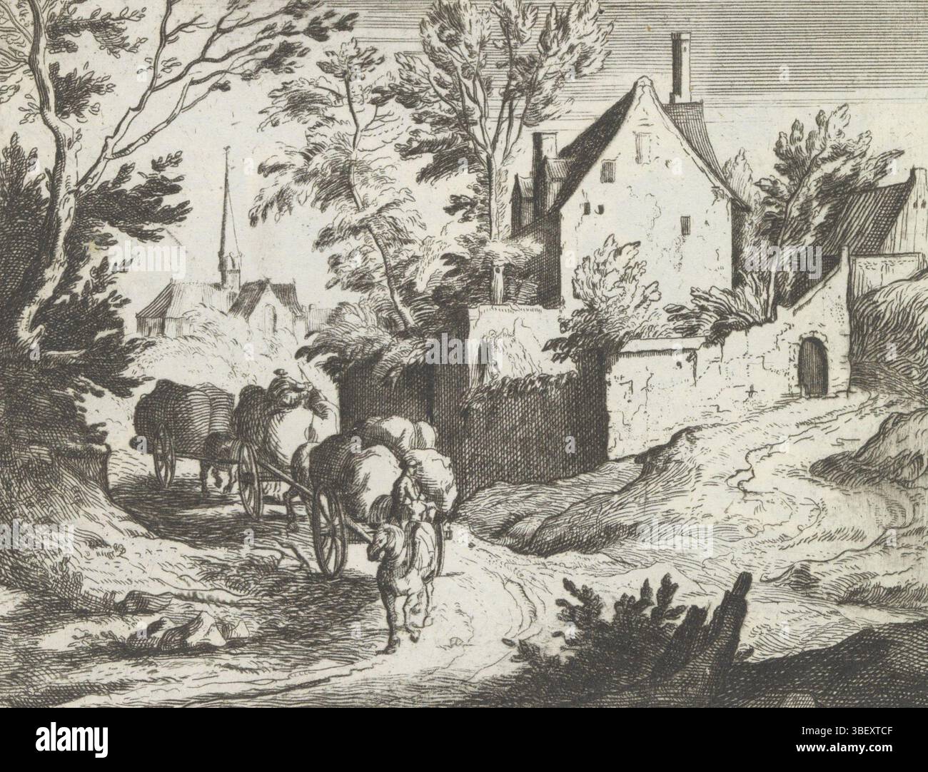 Amsterdam, Esveldt Holtrop, Jan Steven van, Spiegel der natuur en School der stekenkunde, Landschap traf 3 korden en vouw, Amsterdam, Landweg traf 3 Pferdewagen, die an einigen Steinbauten vorbeifuhren. In der Ferne, eine Kirche. Der Ausdruck ist Teil eines Albums., drucken, Albumsheet, Ausdrucke, Höhe 115 mm, Breite 144 mm, Drucker, 1600 - 1699, Papier, Ätzen, Publikation (Veranstaltung), Publikation, 1777 - 1833-11-20, Verlag, 1787 - 1833 Stockfoto