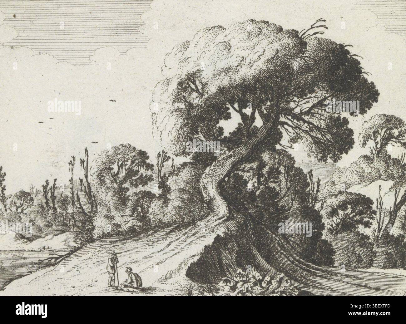 Amsterdam, Esveldt Holtrop, Jan Steven van, Scheyndel, Gillis van (I), Spiegel der Natur und Schule der Zeichnung, sieben Landschaften, zwei Männer für einen großen Baum, Amsterdam, auf einem Weg für einen großen Baum sitzen zwei Männer, der andere auf seinem Stock. Im Hintergrund ein Waldrand. Rechts unten nummeriert: 5. Der Ausdruck ist Teil eines Albums., drucken, Albumsheet, Ausdrucke, Höhe 102 mm, Breite 141 mm, Noord-Nederlands, 1595 - 1660-12-24, Printmaker, 1605 - 1653, Papier, Ätzen, Ätzen, Publikation (Ereignis), Publikation, 1777 - 1833-11-20, Verlag, 1787 - 1833 Stockfoto