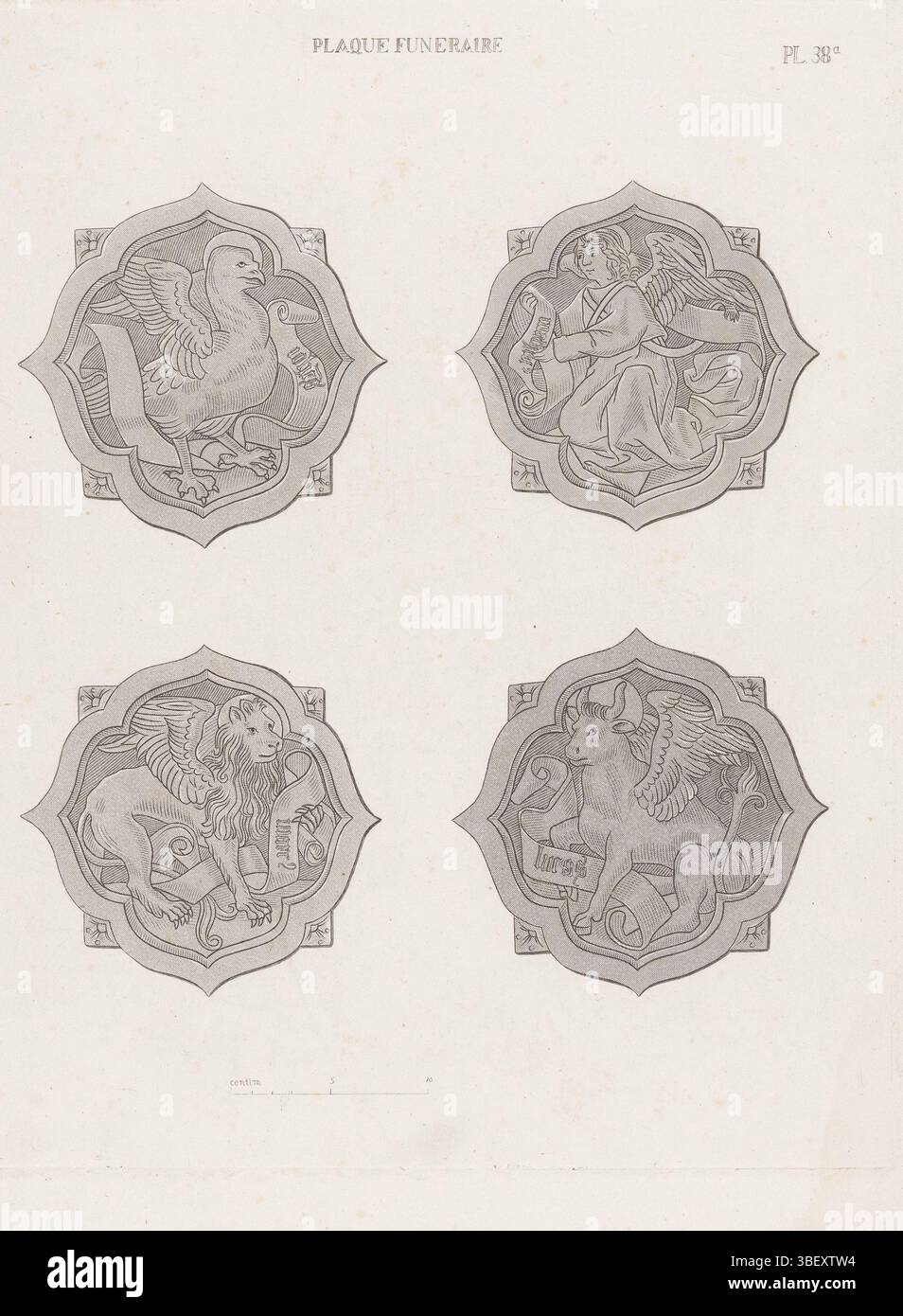 Niederlande, Kellen, David van der (1804-1879), Le Moyen-Age et la Renaissance dans les Pays-Bas, 1865-1878, Platen van grafzerk Gijsbert Willemsz. Raet, Niederlande, vier Kupferplatten des Grabsteins von Gijsbert Willemsz. Raet, Priester in der St. John's Church in Gouda. Mit Symbolen der vier Evangelisten, Druck, Buchillustration, Drucke, Ornamentdrucke, Höhe 265 mm, Breite 212 mm, 1804-09-25-1879-0330, Druckmaschine, 1865-1878, drittes Viertel 19. Jahrhundert, viertes Viertel 19. Jahrhundert, Papier, Ätzen, Ätzen Stockfoto