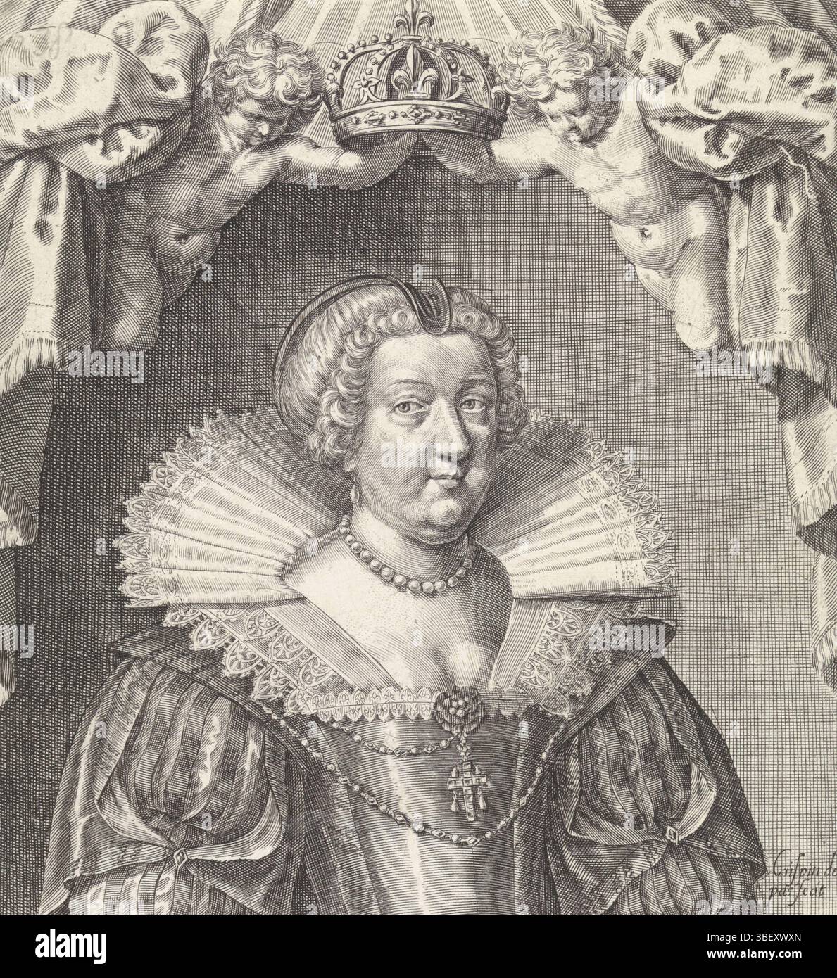 Langlois, Paris, Passe, Crispijn van de (II), Porträt von Maria de' Medici, verso-gestempelt, Königin von Frankreich und Navarra, gekrönt von zwei Engeln. Sie heiratete am 17. Dezember 1600 König Heinrich IV. Von Frankreich. Am Rand Name und Funktion des Porträtierten und eines vierzeiligen Lobpreisgedichts in französischer Sprache, Druck, Höhe 226 mm, Breite 167 mm, 1597 - 1670-01-06, Druckerei, 1610 - 1630, Papier, Gravur, Gravur (Druckverfahren), Publikation (Veranstaltung), Publikation, Französisch, 12.05.1589, 14.01.1647, Verlag Stockfoto
