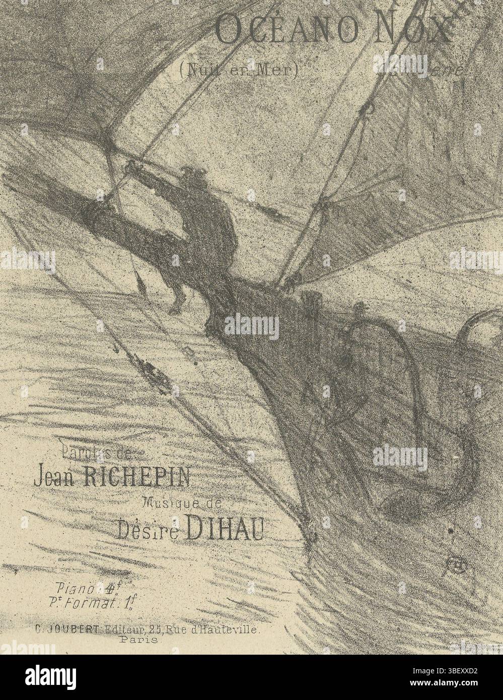 Lefèbvre, H., Toulouse-Lautrec, Henri de, Mélodies de Désiré Dihau, Oceano NOx, Titelblatt für Notenblatt mit Lied Oceano NOx mit Seemann auf der Bugspriet eines Segelschiffes sitzend, rückseitig Mitte - gestempelt, Neuauflage des Covers für ein Notenblatt mit dem Lied Oceano NOx. Ein Seemann ist auf dem Bug eines Segelschiffes. Die Kontraste von Schwarz und weiß sind in dieser Ausgabe viel schwächer als in der Originalversion., Druck, Höhe 258 mm, Breite 206 mm, Französisch, 24. 11. 1864. 09. 1901, Druckerei, 1895. 1895. Viertel 19. Jahrhundert, 2. Quartal 20. Jahrhundert, Papier, Lithographie (Technik), Publikation Stockfoto
