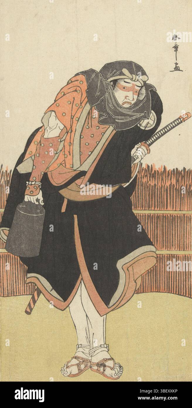 Japan, Shunsho, Katsukawa, Schauspieler in der Rolle des Sträuchers, Japan, Mann auf Sandalen, in schwarz-orange Kleidung, mit schwarzer Laterne in der rechten und Schwert in der linken Hand, stehend für Korbzaun., Druck, Japan (Kollektion), Höhe 307 mm, Breite 146 mm, Japanisch, 1726 - 1792, Druckerei, 1780 - 1790, viertes Viertel 18. Jahrhundert, Papier, Farbholzschnitt, Farbholzschnitt Stockfoto