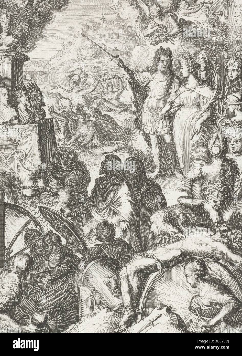 Hooghe, Romeyn de, Haarlem, Hooghe, Illustration für Teil 2 von "Wilhem dem Dritten, durch Gottes Gnade, König von England, Schottland, Vrankrijk und Irland, Protektor des Glaubens' von Lukas Rotgans, in der Mitte verso gestempelt, stehen Stadholder Willem III. und seine Frau Maria II. Hand in Hand zwischen mythischen Figuren wie Prometheus (im Vordergrund angekettet), der Neid (mit Schlangenhaar), Ceres (mit Horn der Fülle), Bacchus (mit Weinstöcken) und Mercurius (mit Caduceus). Links am Boden der Soldaten bei einer Kanone, Druck, Buchabbildung, Abzüge, Höhe 177 mm, Breite 125 mm, Noord-Nederlands, 1645 Stockfoto