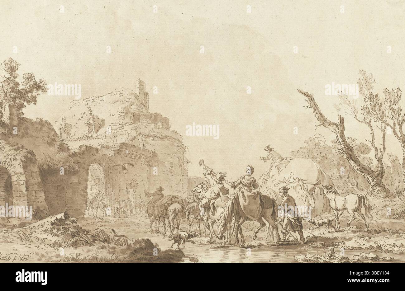 Houel, Jean Pierre Louis Laurent, Frankreich, Janinet, Jean Francois, Paysage, Reisende an einem Tor, rückseitig rechts unten - gestempelt, Eine Gruppe von Reisenden zu Pferd und mit einem Wagen kommen an einem Tor einer Stadt an., Druck, rückseitig Mitte - gestempelt, Schule für Grafikkartons in utrecht, Höhe 251 mm, Breite 376 mm, Französisch, 1752 - 1814-11-01, Druckerei, 1774 - 1774, drittes Viertel 18. Jahrhundert, Papier, Aquatint, Farbdruck, 1735-06 - 1813-11-14, zwischengeschalteter Zeichner Stockfoto