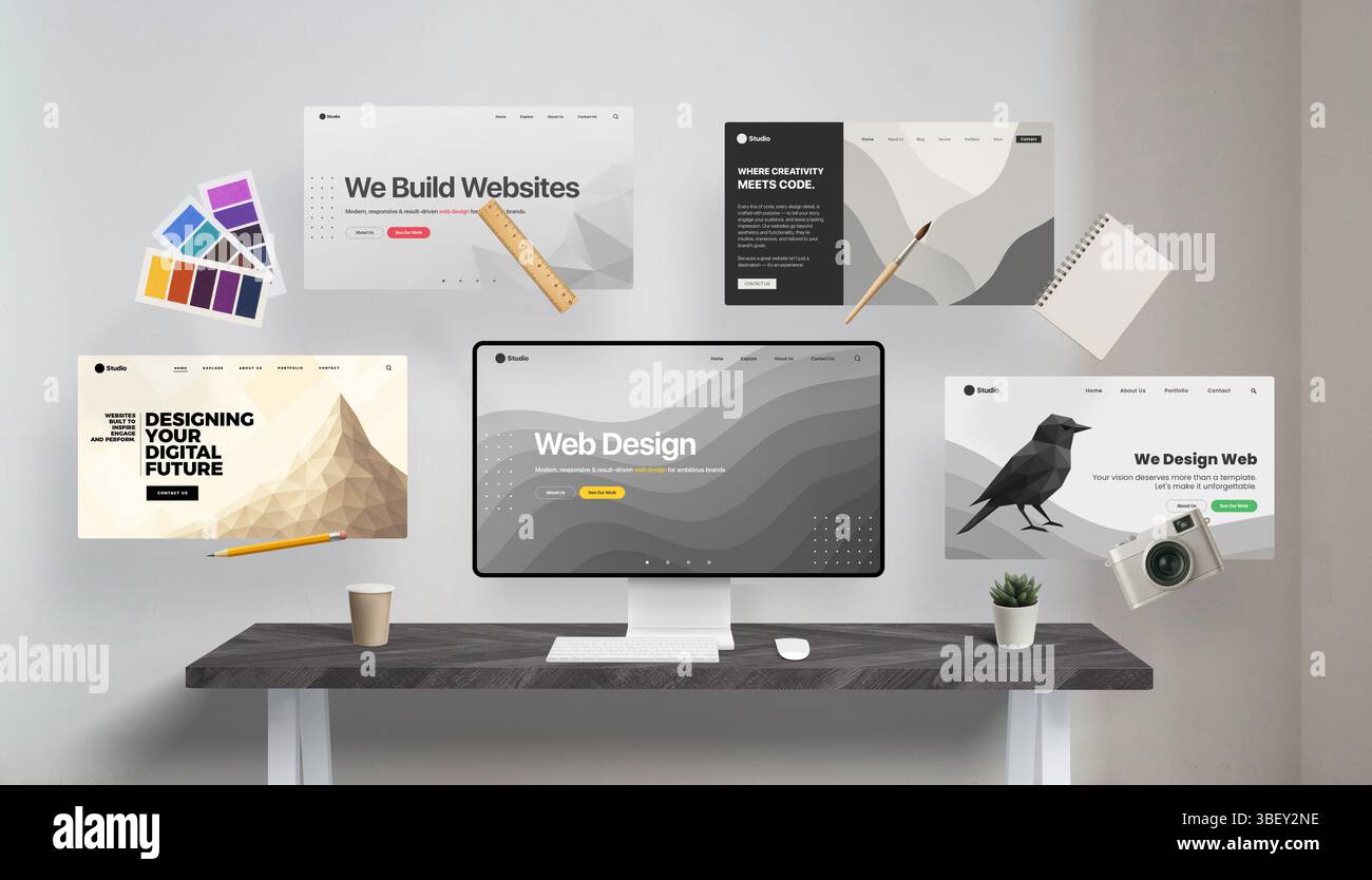 Webdesign-Konzept mit Hauptbildschirm, frei beweglichen Websites und traditionellen Designwerkzeugen wie Bleistift, Pinsel, Lineal, Farbpalette, Notizbuch, und Kamera. A Stockfoto