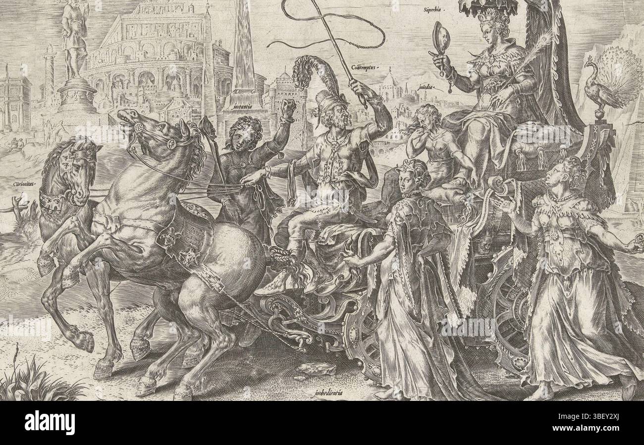 Antwerpen, Galle, Theodoor, Heemskerck, Maarten van, Coornhert, Dirck Volckertsz., Antwerpen, Cort, Cornelis, Circulus Vicissitudinis Rerum Humanarum, Triumphwagen traf Hoogmoed (Superbia), Antwerpen, verso - die Personifikation von Hoogmoed ist auf einem Triumphwagen, der durch eine antike Stadt fährt. Sie ist am Spiegel und am Pfau zu erkennen. Der Triumphwagen wird von zwei Pferden gezogen und von der Personifizierung des Geistes angetrieben. Andere Tugenden gehen mit dem Auto. Druck aus einer Serie von neun Drucken mit Triumphwagen aus dem Antwerpener Beschneidungsverband von 1561. Die Charaktere auf den Autos t Stockfoto