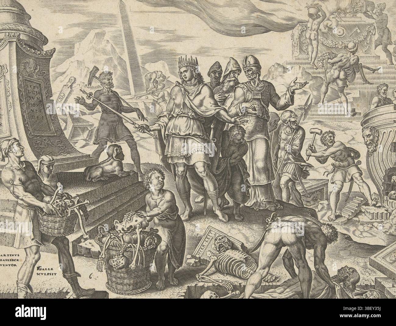 Haarlem, Varlenius, Hieronymus, Heemskerck, Maarten van, Haarlem, Galle, Philips, Geschichte von König Josia, König Josia lässt den Opferort in Betel entweihen, verso - gestempelt, König Josia lässt die Gräber um den Opferort in Betel plündern und die Knochen auf dem Altar verbrannt werden. Er stand vor dem Grab des Propheten von Juda. Dieses Grab ist verschont., Druck, Höhe 204 mm, Breite 252 mm, Südholland, 1537 - 1612-03-29, Druckerei, 1569 - 1569, Papier, Gravur, Gravur (Druckverfahren), Werkkonzeption, Noord-Nederlands, 1498 - 1574, nach dem Entwurf von, 1550 - 1600, Autor Stockfoto Haarlem, Varlenius, Hieronymus, Heemskerck, Maarten van, Haarlem, Galle, Philips, Geschichte von König Josia, König Josia lässt den Opferort in Betel entweihen, verso - gestempelt, König Josia lässt die Gräber um den Opferort in Betel plündern und die Knochen auf dem Altar verbrannt werden. Er stand vor dem Grab des Propheten von Juda. Dieses Grab ist verschont., Druck, Höhe 204 mm, Breite 252 mm, Südholland, 1537 - 1612-03-29, Druckerei, 1569 - 1569, Papier, Gravur, Gravur (Druckverfahren), Werkkonzeption, Noord-Nederlands, 1498 - 1574, nach dem Entwurf von, 1550 - 1600, Autor Stockfoto