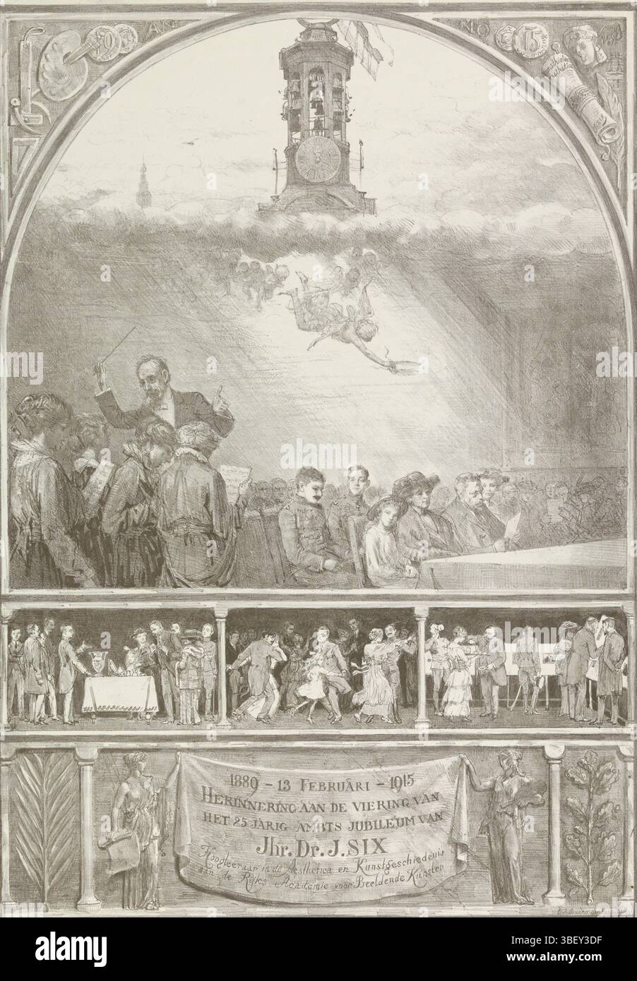 Niederlande, Bueno de Mesquita, David, 1889 - 13 Februar - 1915, Gedenktafel zur Feier des 25. Jahrestages von JHR Dr. J. Six, Professor für Ästhetik und Kunstgeschichte an der Rijks Academie voor Beeldende Kunsten, Niederlande, verso - handschriftlich, Gedenktafel bei der Feier am 13. Februar 1915 des 25. Jahrestages von JHR J. Six als Professor für Ästhetische und Kunstgeschichte an der Rijks Academie voor Beeldende Kunsten in Amsterdam. Über der Feier des Jubiläums mit Gesang eines Chors, Wolken mit Engeln und einem Amsterdamer Turm. Darunter eine Pommes Frites mit drei sce Stockfoto