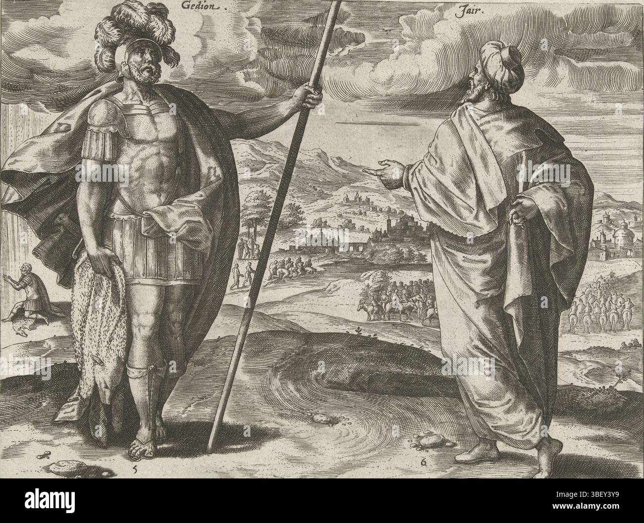 Antwerpen, Jode, Gerard de, Antwerpen, Snellinck, Jan (I), Collaert, Hans (I), die zwölf Richter Israels, Gideon und Jair, Antwerpen, rückseitig unten - gestempelt, im Vordergrund der fünfte und sechste Richter Israels: Gideon und Jair. Im Hintergrund zwei Geschichten aus ihrer Zeit. Links im Hintergrund betet Gideon auf der Haut eines Widders Gott für ein Zeichen. Rechts die dreißig Söhne von Jair, die auf Eseln reiten. Der Druck hat eine lateinische Unterschrift., Druck, Höhe 209 mm, Breite 260 mm, Südholländisch (vor 1775), 1540 - 1581, Druckerei, 1585 - 1585, Papier, Gravur, Gravur (Druckprozess), Werk c Stockfoto