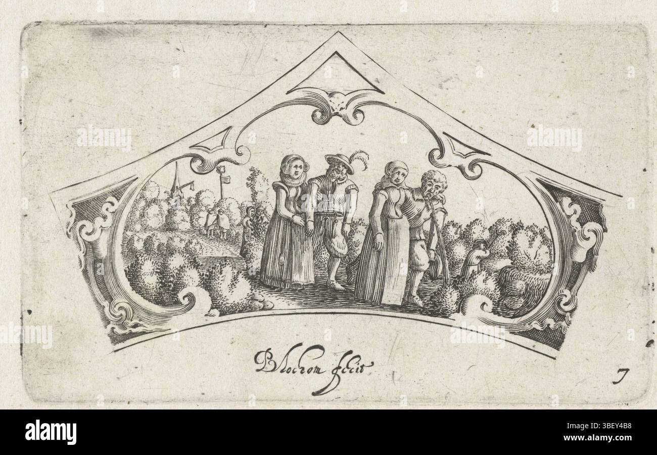 Amsterdam, Visscher, Claes Jansz. II) Janssen, Hans, Lochom, Bartholomeus van, Entwürfe für den Rand einer achteckigen Schüssel, mit Szenen des Landlebens, zwei Paare, Amsterdam, der Mann auf der rechten Seite übergibt. Höhe 58 mm, Breite 96 mm, 1607, Printmaker, 1630 - 1630, zweites Quartal 17. Jahrhundert, Papier, Gravur, Gravur (Druckverfahren), Arbeitskonzept, 1605, nach Design, Publikation (Event), Publikation, Nord-Niederlande, 1586 - 19.06.1652, Verlag Stockfoto