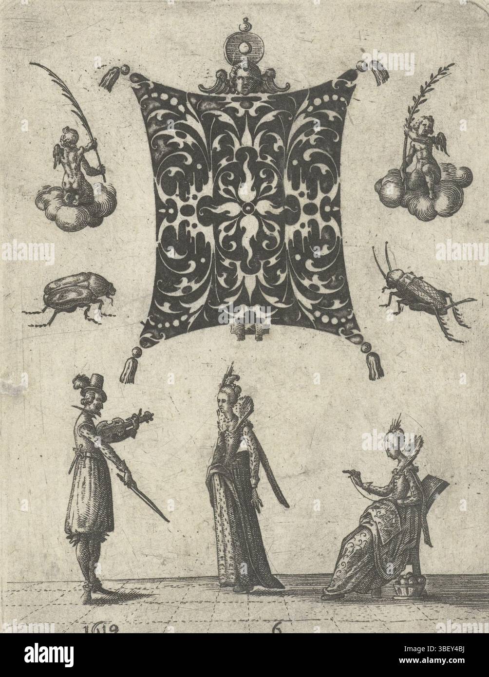 Châteaudun, Toutin, Jean, Châteaudun, Medaillon in Form eines Kopfkissens, Medaillon mit Weinstöcken und Schweifwerk. Unten stehen: Ein Mann, der eine Geige spielt, eine Frau und eine sitzende Frau, die stickt. Neben dem Medaillon sind zwei Putten und zwei Käfer abgebildet. Druck, Ornamentdrucke, Drucke, Höhe 103 mm, Breite 79 mm, Französisch, 1578 - 1644-06-14, Drucker, 1619 - 1619, 1. Quartal 17. Jahrhundert, Papier, Gravur, Gravur (Druckverfahren), Arbeitskonzeption, nach eigenem Entwurf, Publikation (Event), Publikation, Verlag Stockfoto