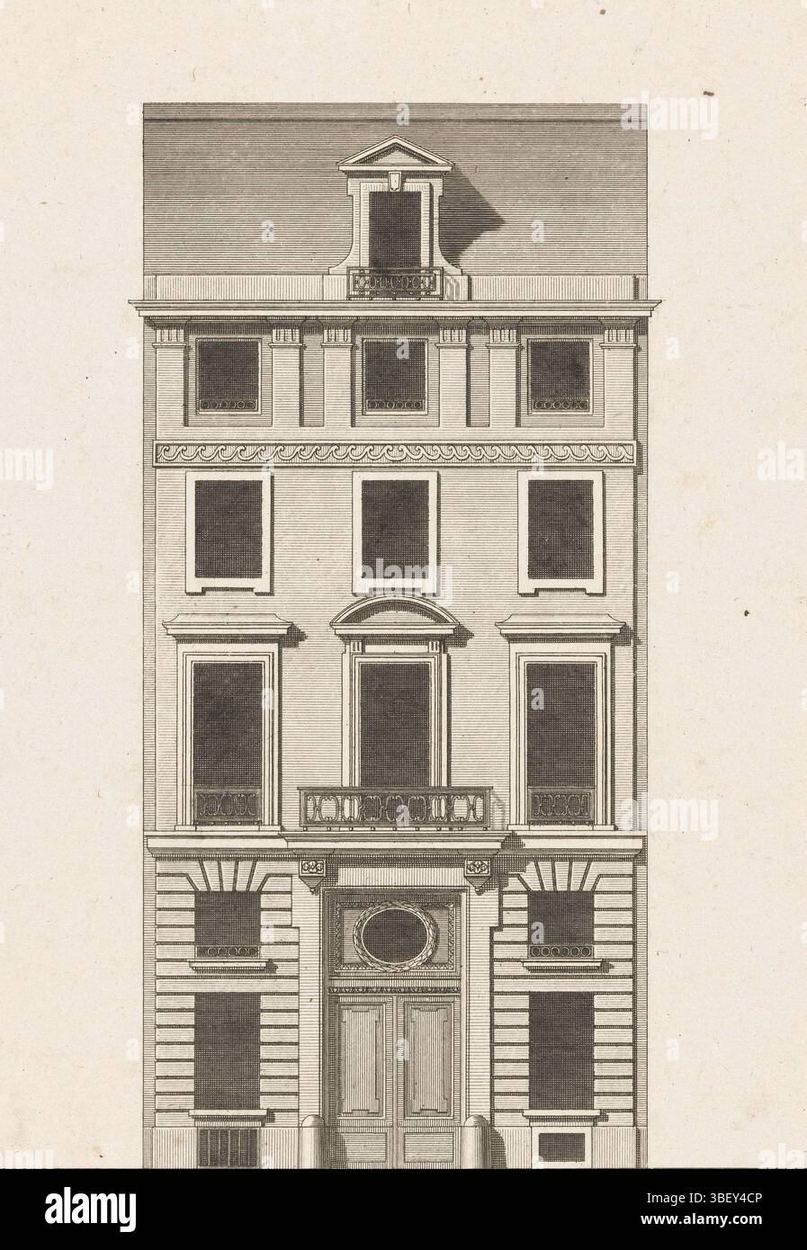 Paris, Chéreau, Dumont, Gabriel Pierre Martin, Beurlier, Charles, Pläne, Coupes, et Elevations, d'une Maison sue de Tournon à Paris, Fassade d'entrée sur la rue, Fassade eines Hauses, Paris, verso - gestempelt, Fassade eines 5-stöckigen Hauses. In der Mitte eine Doppeltür mit einem Oeil-de-boeuf., Druck, Ornamentdruck, Titeldruck, Drucke, Ornamentdrucke, Höhe 315 mm, Breite 218 mm, Druckmaschine, 1730 - 1790, Papier, Gravur, Gravur (Druckverfahren), Arbeitskonzept, 1720 - 1790, nach Design, Publikation (Event), Publikation, Französisch, Verlag Stockfoto