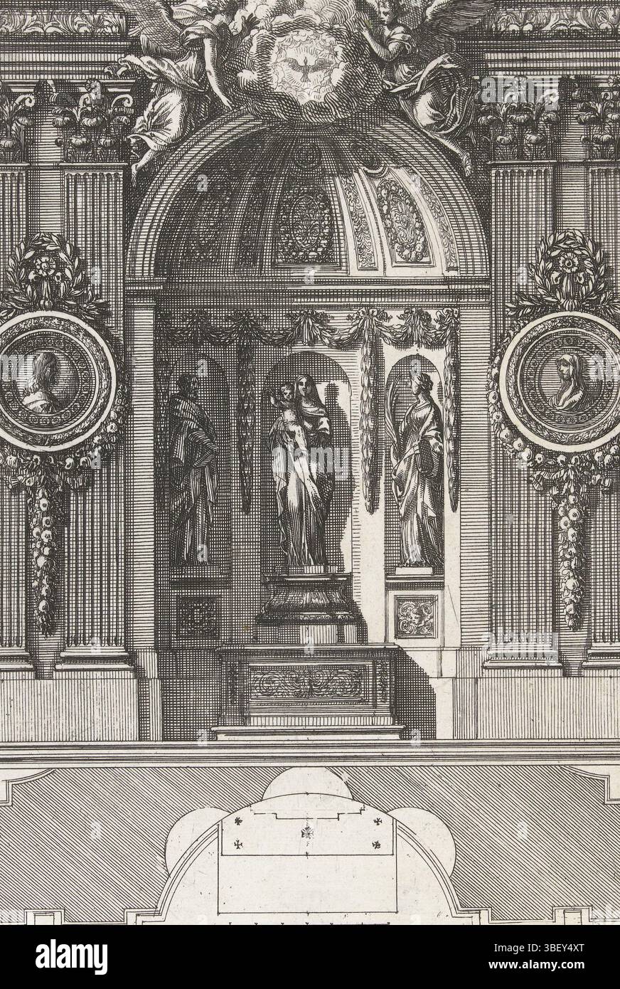 Louis XIV (König von Frankreich), Paris, Mariette, Pierre (II), Frankreich, Lepautre, Jean, Nouueaux Dessins d'Autels à la Romaine, Kapelle mit Marienstatue, Widerstand und Plan., Druck, Ornamentdrucke, Drucke, Drucke, Höhe 224 mm, Breite 152 mm, Französisch, 1618-06-28-1682-02-02, Druckmaschine, 1658 - 1670, drittes Viertel 17. Jahrhundert, Papier, Ätzen, Werkkonzeption, nach eigenem Entwurf, Publikation (Event), Publikation, 1634 - 1716, Verlag, 5. September 1638 - 1715-091, Usis des Privilegiums Stockfoto