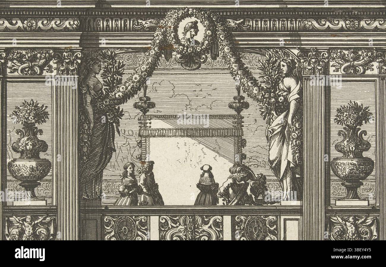 Louis XIV (König von Frankreich), Paris, Mariette, Pierre (II), Frankreich, Lepautre, Jean, Alcoues a l'Italiene, Alcoof mit fünf Figuren, der Alcoof wird durch eine Balustrade geschlossen. Höhe 147 mm, Breite 211 mm, Französisch, 1618-06-28-1682-02-02, Druckmaschine, 1655 - 1657, drittes Viertel 17. Jahrhundert, Papier, Ätzen, Werkkonzeption, nach eigenem Entwurf, Publikation (Event), Publikation, 1634 - 1716, Verlag, 1638-05 - 1715-009-01, Usis of Privilege Stockfoto