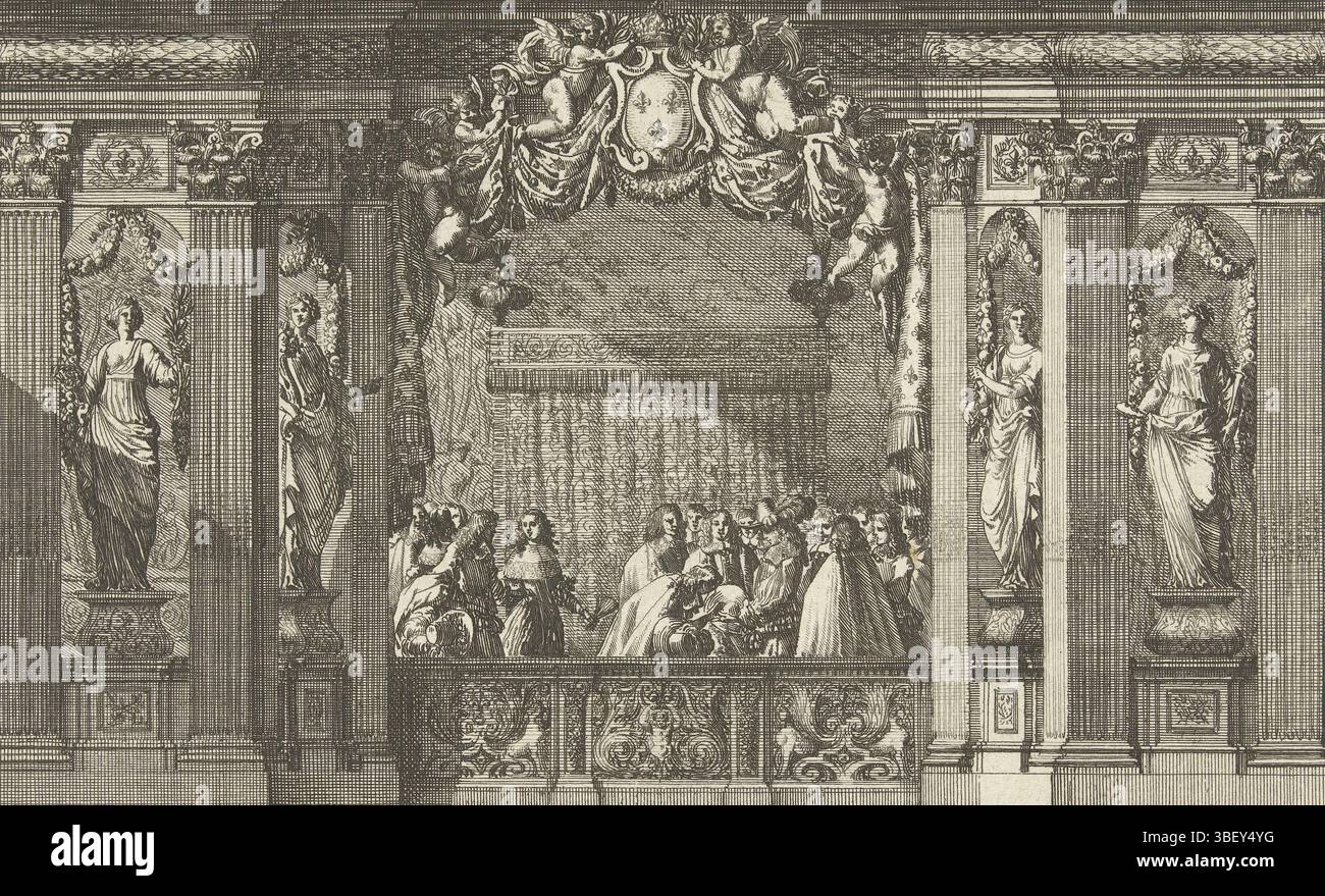 Paris, Mariette, Pierre (II), Frankreich, Lepautre, Jean, Alkoves a la Romaine, Alkoof, Paris, auf der Liste der Krönungen steht eine Kartusche mit dem preisgekrönten französischen Königswappen. Vor dem Himmelbett ist der König von Höflingen umgeben. Dritter Druck aus der zweiten Auflage., Druck, Ornamentdrucke, Drucke, Höhe 148 mm, Breite 214 mm, Französisch, 1618-6-28 - 1682-02-02, Druckmaschine, 1656-1657, drittes Viertel 17. Jahrhundert, Papier, Ätzen, Werkkonzeption, nach eigenem Entwurf, Publikation (Event), Publikation, 1634 - 1716, Verlag Stockfoto