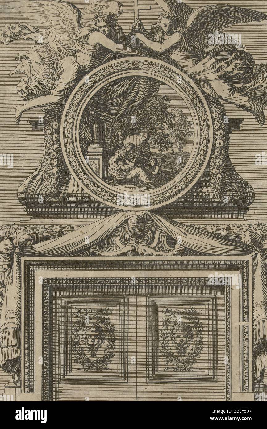 Louis XIV (König von Frankreich), Paris, Mariette, Pierre (II), Frankreich, Lepautre, Jean, Cheminées à la Moderne, Underboezem mit runder Malerei enthält das Gemälde die Anbetung Christi. Blatt 5 der Serie mit 6 Blättern. 2. Auflage, Druck, Ornamentdrucke, Drucke, Höhe 213 mm, Breite 147 mm, Französisch, 1618-6-28 - 1682-02-02, Druckmaschine, 1661-1661, drittes Viertel 17. Jahrhundert, Papier, Ätzen, Werkkonzeption, After Design, Publikation (Veranstaltung), Publikation, 1634 - 1716, Verlag, 05.09.1638, 1715-09-01, Provider der Berechtigung Stockfoto