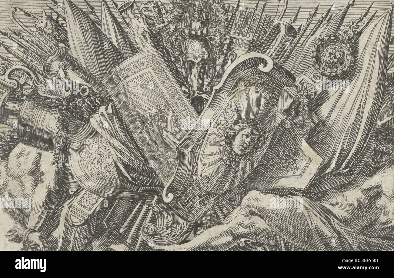 Louis XIV (König von Frankreich), Paris, Mariette, Pierre (II), Frankreich, Lepautre, Jean, Trophées D'Armes à la Romaine, Waffentrophäe, links und rechts ist ein Gefangener. Höhe 141 mm, Breite 215 mm, Französisch, 28.06.1618 - 1682-02-02, Druckmaschine, 1657 - 1670, drittes Viertel 17. Jahrhundert, Papier, Ätzen, Werkkonzeption, nach eigenem Entwurf, Publikation (Event), Publikation, 1634 - 1716, Verlag, 1638-05 - 1715-009-01, Empf. Stockfoto