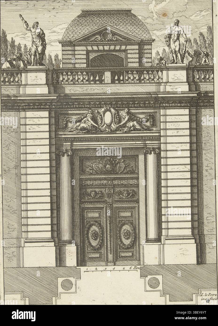 Louis XIV (König von Frankreich), Paris, Mariette, Pierre (II), Frankreich, Lepautre, Jean, Porte Cochere, Portiek mit zwei ionischen Säulen, Widerstand mit Plan und Skala in französischem Fuß. Oben befindet sich eine Balustrade mit Jupiter und Herkules. Druck, Ornamentdrucke, Drucke, Höhe 213 mm, Breite 146 mm, Frans, 1618-6-28 - 1682-02-02, Druckmaschine, 1656-1657, drittes Viertel 17. Jahrhundert, Papier, Ätzen, Werkkonzeption, Französisch, nach eigenem Entwurf, Publikation (Event), Publikation, 1634 - 1716, Verlag, 05.09.1638, 01.09.1715, Berechtigungsgeber Stockfoto