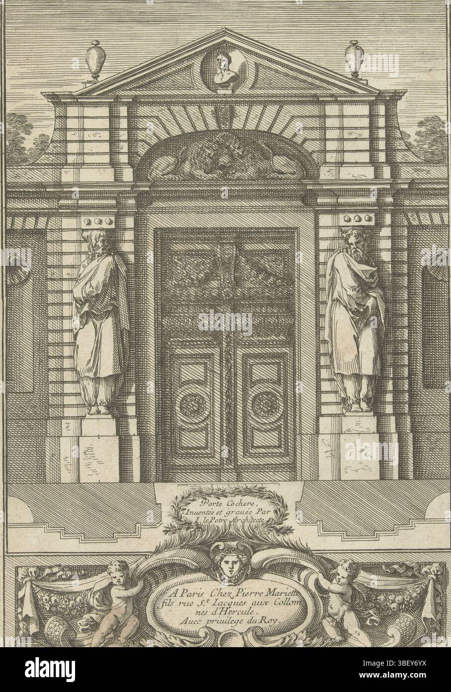 Louis XIV (König von Frankreich), Paris, Mariette, Pierre (II), Frankreich, Lepautre, Jean, Porte Cochere, Titelmagazin: Porte Cochere, Portiek mit zwei Karariatiden in Form von bärtigen Männern. Aufstand und Plan., Druck, Ornamentdruck, Titelseite, Drucke, Ornamentdrucke, Höhe 213 mm, Breite 145 mm, Französisch, 28. Juni 1618 - 1682-02-02, Printmaker, 1656 - 1657, drittes Viertel 17. Jahrhundert, Papier, Ätzen, Werkkonzeption, nach eigenem Entwurf, Publikation (Event), Publikation, 1634 - 1716, Verlag, 05.09.1638, 01.09.1715, Berechtigungsgeber Stockfoto
