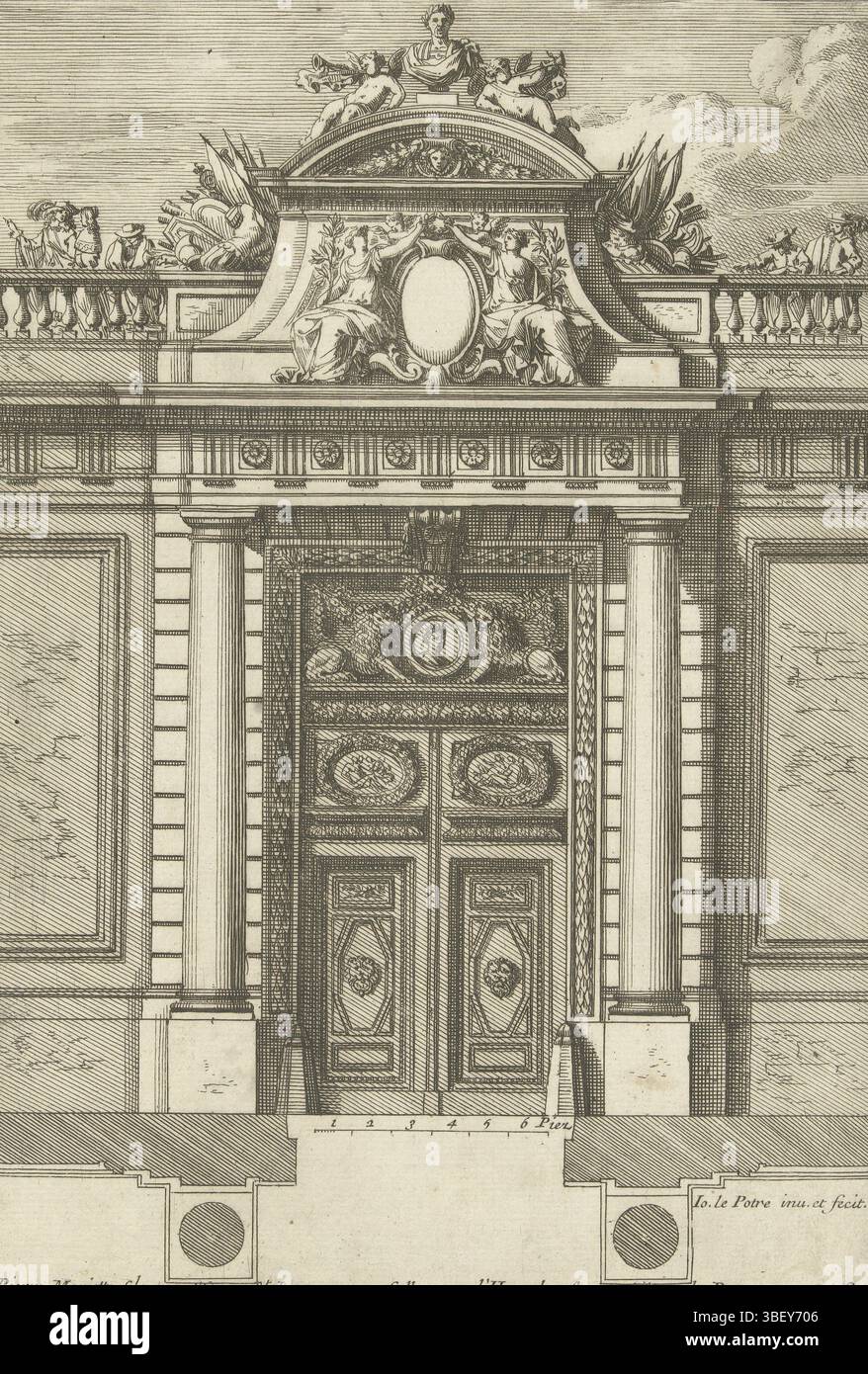 Louis XIV (König von Frankreich), Paris, Mariette, Pierre (II), Frankreich, Lepautre, Jean, Portiek traf attiek, Portiek traf twee vriendelijke toskanische Kolumnen. Aufstand mit Plan und Skala in französischem Fuß, Druck, Ornamentdrucke, Drucke, Höhe 213 mm, Breite 145 mm, Französisch, 1618-6-28 - 1682-02-02, Druckmaschine, 1656-1657, drittes Quartal 17. Jahrhundert, Papier, Ätzen, Arbeitskonzept, nach eigenem Entwurf, Publikation (Event), Publikation, 1634 - 1716, Verlag, 05.09.1638, 01.09.1715, Berechtigungsgeber Stockfoto