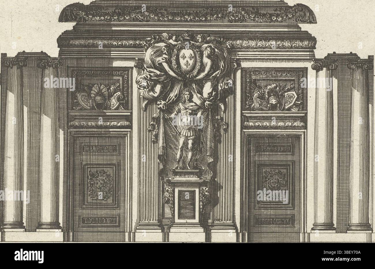 Louis XIV (König von Frankreich), Paris, Mariette, Pierre (II), Frankreich, Lepautre, Jean, Lambris a la francoise, Mauer mit Statue des französischen Königs, die Statue steht zwischen zwei Türen, darüber tragen zwei Frauen das französische Wappen., Druck, Ornamentdrucke, Drucke, Höhe 142 mm, Breite 210 mm, Französisch, 1618-6-28 - 1682-02-02, Druckmaschine, 1655-1657, drittes Viertel 17. Jahrhundert, Papier, Ätzen, Werkkonzeption, nach eigenem Entwurf, Publikation (Event), Publikation, 1634 - 1716, Verlag, 5. September 1638 - 1715-091, Rückforderung von Privilegien Stockfoto