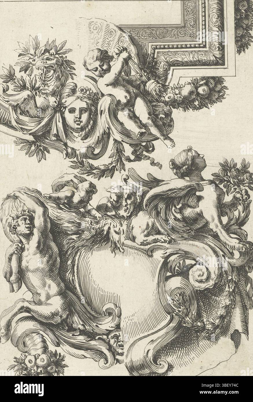 Louis XIV (König von Frankreich), Paris, Mariette, Pierre (II), Frankreich, Lepautre, Jean, Friesisch oder Buchtenlisten, Decke und Kartusche, rechts eine Sphinx auf einer Kartusche, mit einer Variante. Ab 3. Quartal, Druck, Ornamentdrucke, Drucke, Höhe 223 mm, Breite 154 mm, Französisch, 1618-6-28 - 1682-02-02, Druckmaschine, 1658-1670, drittes Viertel 17. Jahrhundert, Papier, Ätzen, Ätzen, Arbeitskonzept, nach eigenem Entwurf, Publikation (Event), Publikation, 1634 - 1716, Verlag, 05.09.1638, 01.09.1715, Berechtigungsgeber Stockfoto