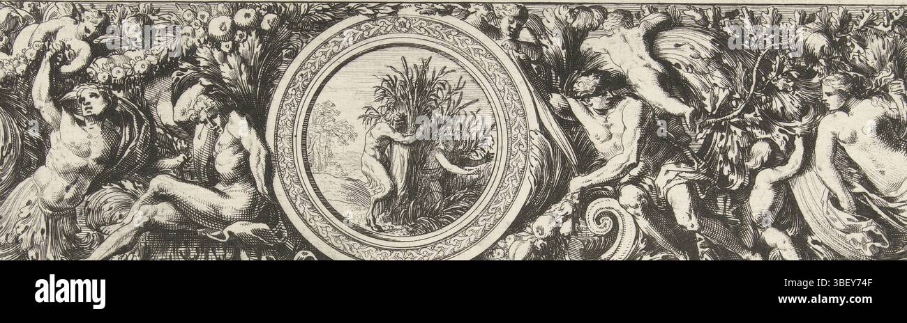 Louis XIV (König von Frankreich), Paris, Mariette, Pierre (II), Frankreich, Lepautre, Jean, Frizes, feuillages ou Tritons marins Antiques et modern, zwei Frises, in den oberen Pommes ist ein rundes Medaillon mit Pan, das Syrinx zwischen dem Schilf überrascht., Druck, Ornamentdruck, Drucke, Ornamentdrucke, Höhe 147 mm, Breite 218 mm, Französisch, 28.06.1618 - 1682-02-02, Druckmaschine, 1664 - 1664, drittes Viertel 17. Jahrhundert, Papier, Ätzen, Werkkonzeption, Frans, nach eigenem Entwurf, Publikation, 1634 - 1716, Verlag, 05.09.1638, Stockfoto