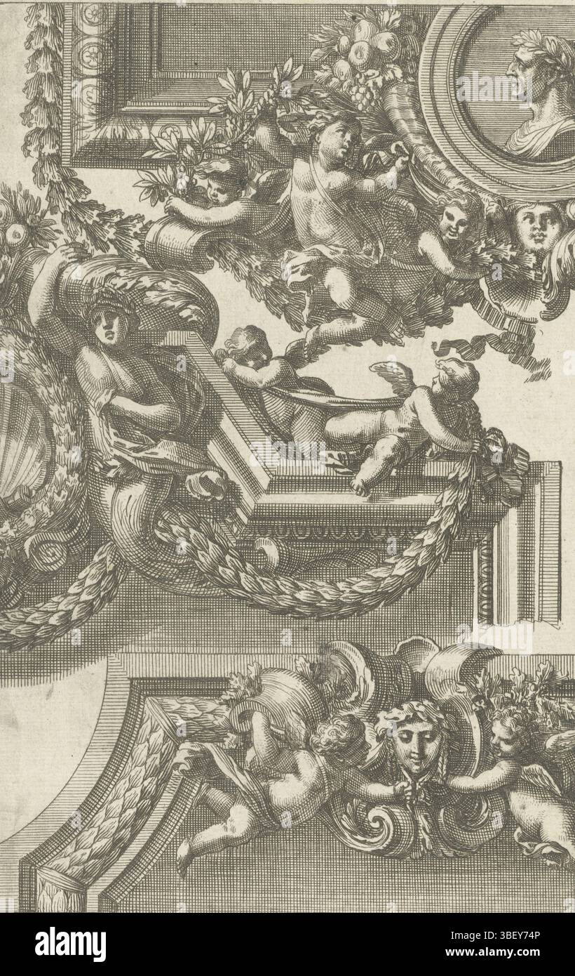 Louis XIV (König von Frankreich), Paris, Mariette, Pierre (II), Frankreich, Lepautre, Jean, Bordures de Tableau a la Romaine, drei Dekorationen für Listen, Dekorationen für die Mitte von oben oder unten auf Listen. Ab der ersten Auflage, Druck, Ornamentdrucke, Drucke, Höhe 214 mm, Breite 144 mm, Frans, 1618-6-28 - 1682-02-02, Druckmaschine, 1655-1657, 1. Quartal 10. Jahrhundert, Papier, Ätzen, Werkkonzept, nach eigenem Entwurf, Publikation (Event), Publikation, 1634 - 1716, Verlag, Französisch, 05.09.1638, 01.09.1715, Anbieter von Privilegien Stockfoto