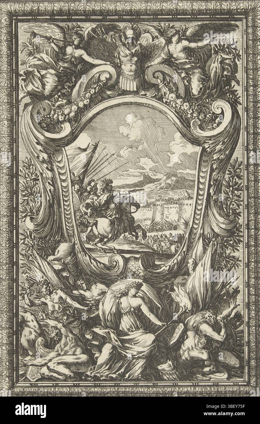 Louis XIV (König von Frankreich), Paris, Mariette, Pierre (II), Frankreich, Lepautre, Jean, Ornemens de Paneaux, Platte mit Belagerung der Stadt in Kartusche, Druck, Ornamentdrucke, Drucke, Höhe 221 mm, Breite 150 mm, Französisch, 1618-6-28 - 1682-02-02, Druckmaschine, 1655-1657, drittes Viertel 17. Jahrhundert, Papier, Ätzen, Werkkonzeption, nach eigenem Entwurf, Publikation (Event), Publikation, 1634 - 1716, Verlag, 05.09.1638 - 01.09.1715, Stockfoto