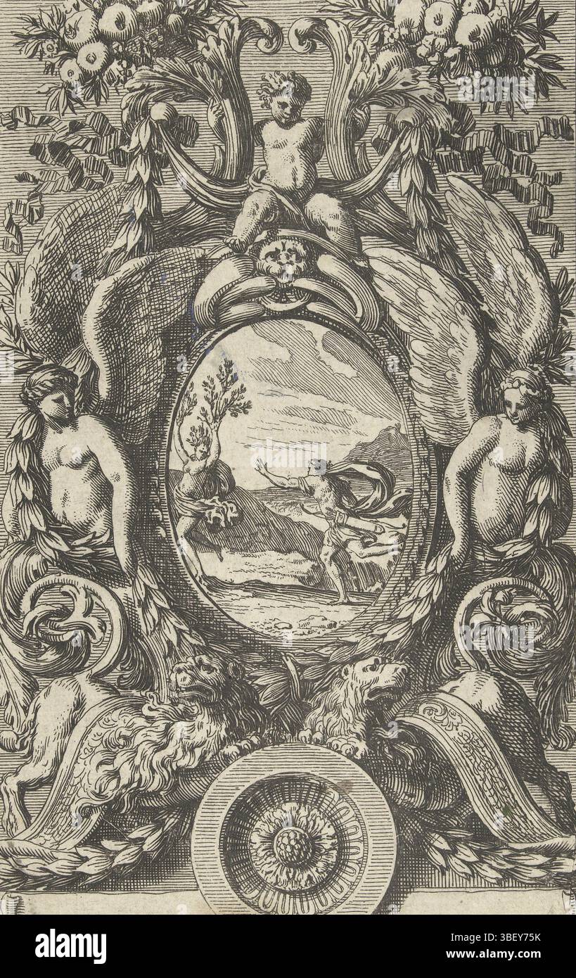 Louis XIV (König von Frankreich), Paris, Mariette, Pierre (II), Frankreich, Lepautre, Jean, Ornemens de Paneaux, Platte mit Apollo und Daphne im Medaillon, Platte in Liste der Eichenblätter und eine Maske zwischen den Koncolen oben, Druck, Ornamentdrucke, Drucke, Höhe 220 mm, Breite 147 mm, Französisch, 1618-6-28 - 1682-02-02, Druckmaschine, 1655-1657, drittes Viertel 17. Jahrhundert, Papier, Ätzen, Werkkonzeption, nach eigenem Entwurf, Publikation (Event), Publikation, 1634 - 1716, Verlag, 05.09.1638 - 1715.01, Empf. Stockfoto