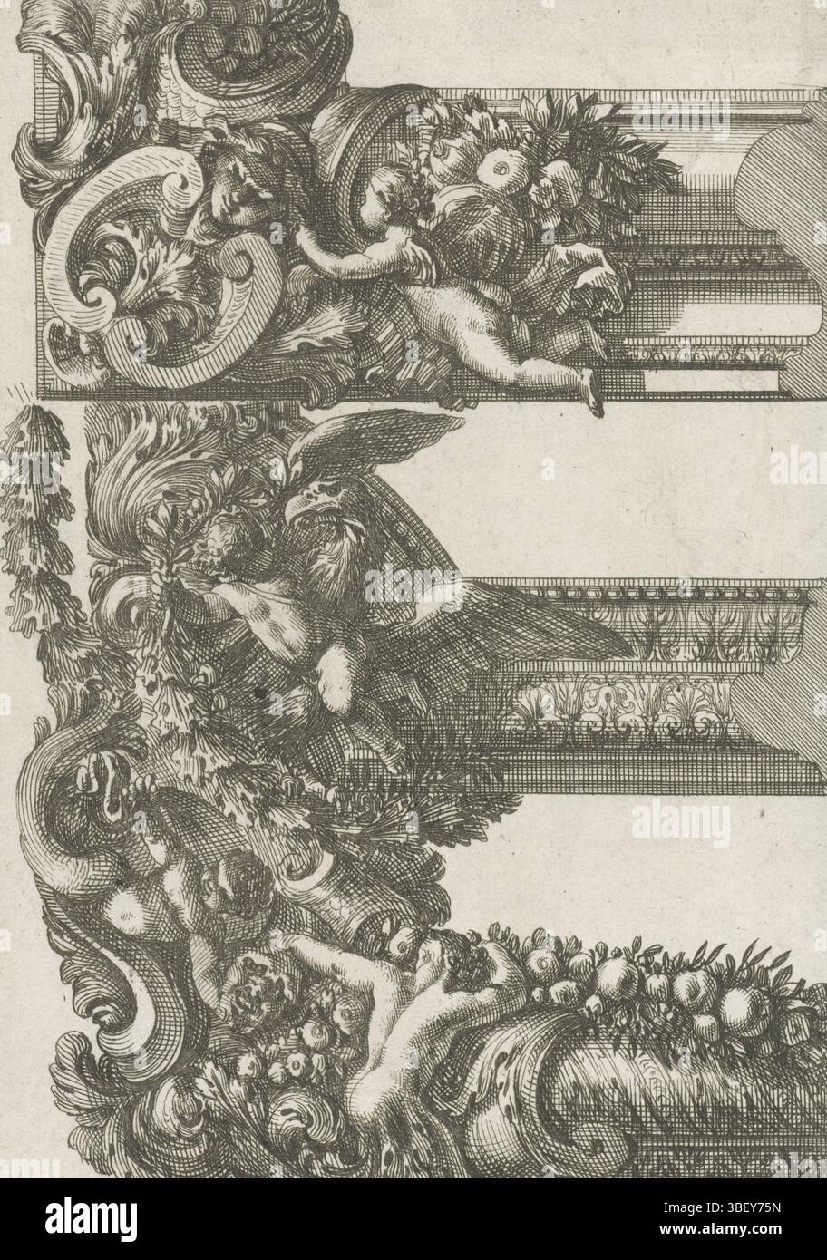 Louis XIV (König von Frankreich), Paris, Mariette, Pierre (II), Frankreich, Lepautre, Jean, Bordures de Tableau a la Romaine, drei Ecken der Listen, dekoriert mit Putti, Blättern und Obstgärten. Ab der ersten Auflage, Druck, Ornamentdrucke, Drucke, Höhe 206 mm, Breite 144 mm, Französisch, 1618-6-28 - 1682-02-02, Druckmaschine, 1655-1657, drittes Quartal 17. Jahrhundert, Papier, Ätzen, Arbeitskonzept, nach eigenem Entwurf, Publikation (Event), Publikation, 1634 - 1716, Verlag, 05.09.1638, 01.09.1715, Berechtigungsgeber Stockfoto