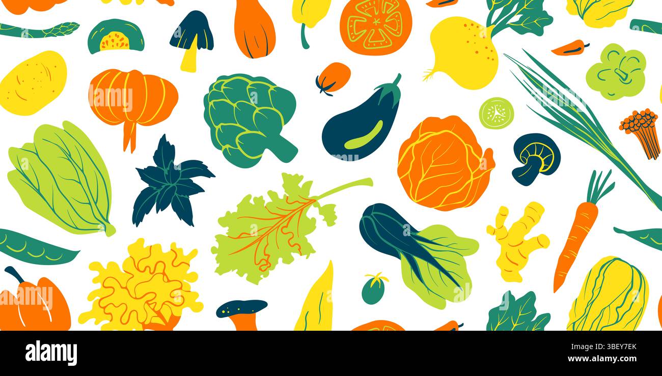 Ein nahtloses Gemüsemuster im handgezeichneten Doodle-Stil mit verschiedenen Gemüsesorten. Perfekt für digitale Hintergründe, Verpackungen, Geschenkpapier, Textil Stockfoto