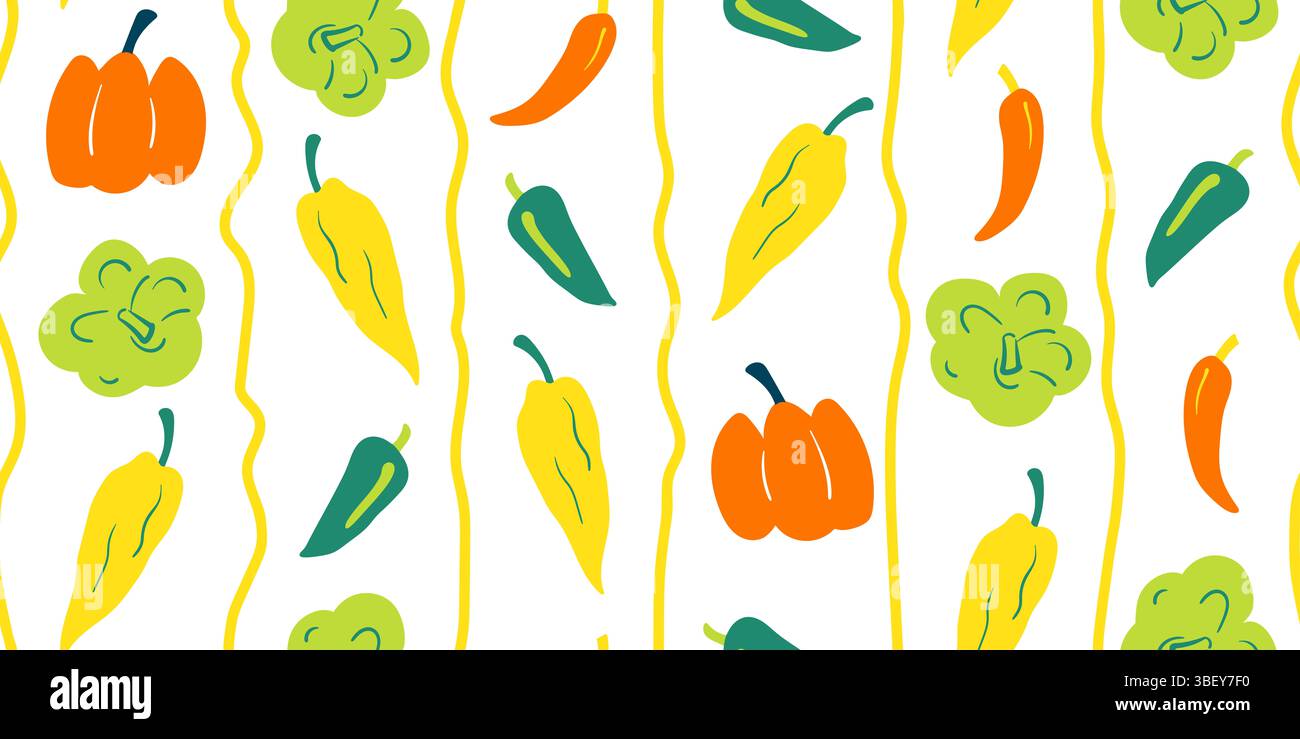 Ein nahtloses Gemüsemuster im handgezeichneten Doodle-Stil mit verschiedenen Gemüsesorten. Perfekt für digitale Hintergründe, Verpackungen, Geschenkpapier, Textil Stockfoto