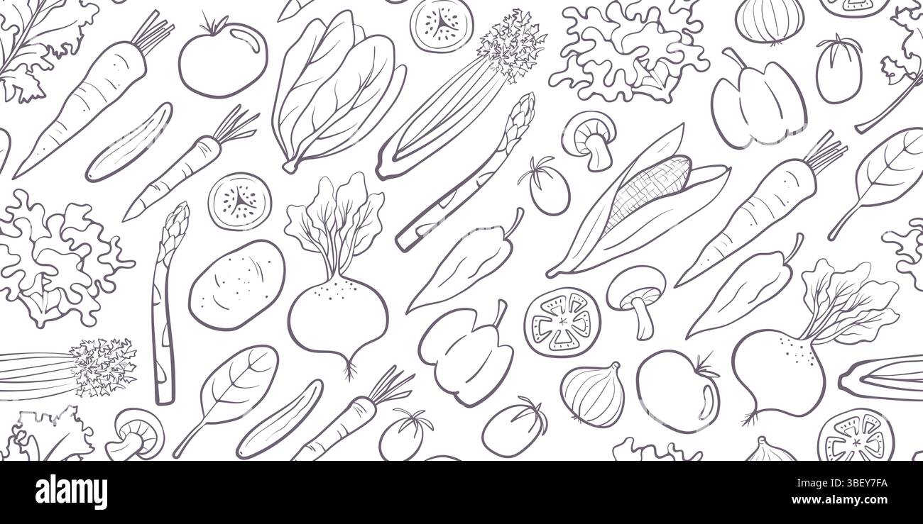 Ein nahtloses Gemüsemuster im handgezeichneten Doodle-Stil mit verschiedenen Gemüsesorten. Perfekt für digitale Hintergründe, Verpackungen, Geschenkpapier, Textil Stockfoto