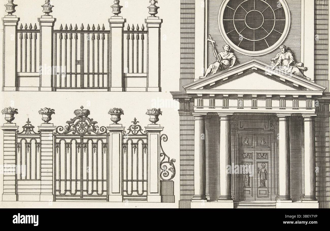 Marot, Daniël (I), Marot, Portes Cocheres et d'Eglises, Portico der Kirche und zwei Zäune, das Portal besteht aus zwei Paaren dorischer Säulen, der Hauptkörper wurde mit einem fronton ausgezeichnet. Höhe 189 mm, Breite 279 mm, 1663 - 1752-06-04, Drucker, 1673 - 1752, drittes Viertel 17. Jahrhundert, viertes Viertel 17. Jahrhundert, erstes Viertel 18. Jahrhundert, zweites Viertel 18. Jahrhundert, drittes Viertel 18. Jahrhundert, Papier, Ätzen, Werkkonzeption, 1663 - 1752-04, nach dem Entwurf der Publikation aus dem 16. Jahrhundert Stockfoto