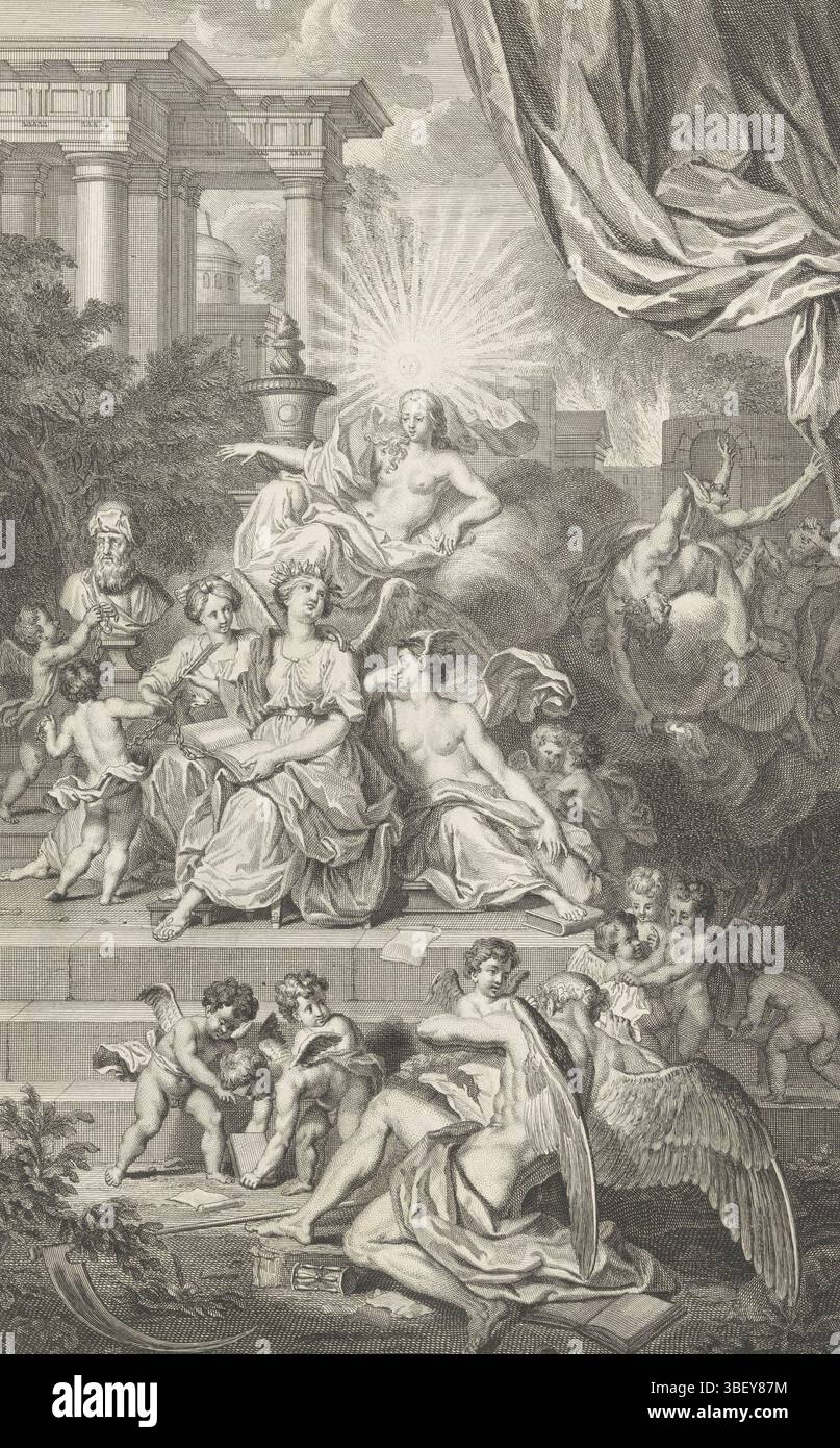 Delft, Boitet, Reinier, Amsterdam, Linden, Gerard onder DE, Dubourg, Louis Fabritius, Buysen, Andries van (Sr.), Ottens, Frederik, Geschiedenis Overwint Tijd, Delft, Oppvel - gestempelt, eine Allegorie über das Schreiben von Kunst. Geschichte sitzt auf einer Treppe und schreibt ein Buch, es ist umgeben von Putten und allegorischen Figuren. Auf einer Wolke über ihr steht die Wahrheit mit einer Sonne über dem Kopf. Auf dem Boden liegt die gefallene Vaterzeit, umgeben von Putten mit Büchern und Papieren., Druck, rückseitig gestempelt, J.A. Frederiks Architekt Middelburg, Höhe 336 mm, Breite 212 mm, Noord-Nederlands, Druckerei, 1727 - 1727, Papier, Ätzung Stockfoto