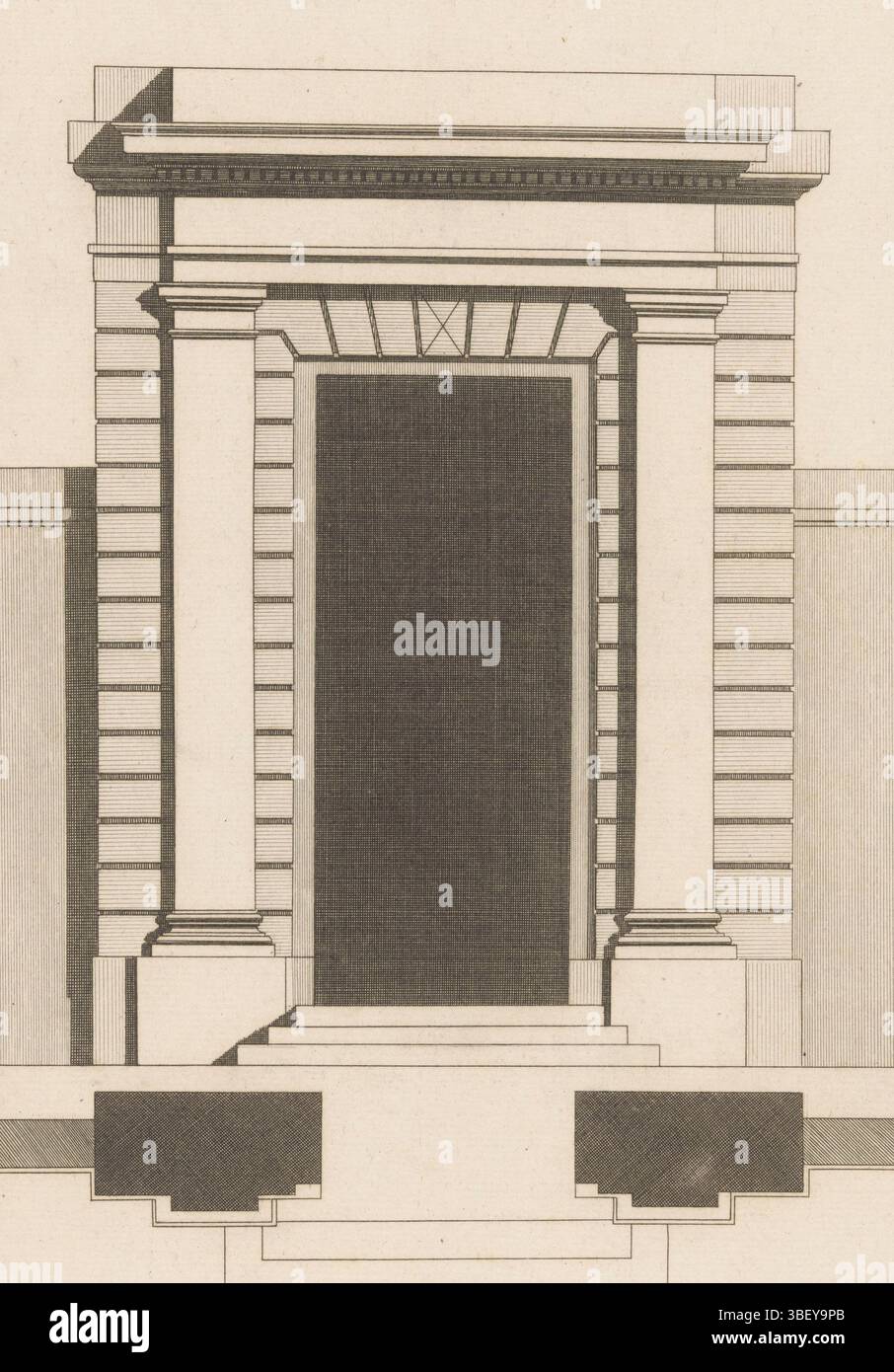 Paris, Le Père & Pierre-Michel Avaulez, Charles, Boucher, Juste Nathan Francois, Pelletier, Jean, 32nd Cahier, Poorten, Plan et Elevation d'une Porte avec Pilastre, Tor mit Pilastern und Treppen, Paris, Verso - gestempelt, Front- und Draufsicht auf ein Tor mit Pilastern und eine Treppe. Drucknummer 191, Druck, Ornament Print, Prints, Ornament Prints, Höhe 329 mm, Breite 204 mm, 1736 - 1780, Druckmaschine, 1772 - 1779, Papier, Ätzen, Gravieren, Gravieren (Druckverfahren), Arbeitskonzept, 1736 - 1782-01, nach Design, Publikation (Event), Publikation, Verlag Stockfoto