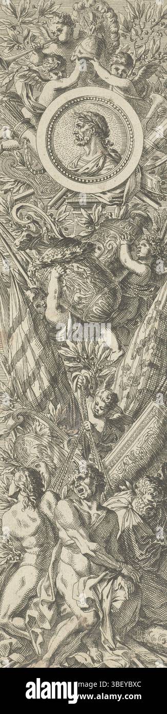 Louis XIV (König von Frankreich), Paris, Leblond, Jean (II), Frankreich, Lepautre, Jean, Trophez à l'Antique, zwei Waffentrophäen à l'Antique. unten auf der linken Trophäe befinden sich drei Gefangene, oben ein Medaillon mit einer Kaiserbüste., Druck, Verzierungen, Drucke, Höhe 324 mm, Breite 225 mm, Französisch, 1618-6-28 - 1682-02-02, Druckmaschine, 1680-1680, viertes Viertel 17. Jahrhundert, Papier, Ätzen, Werkkonzeption, Frans, nach eigenem Entwurf, Publikation (Event), Publikation, 1635 - 1709, Verlag, 1638-05-051, Stockfoto