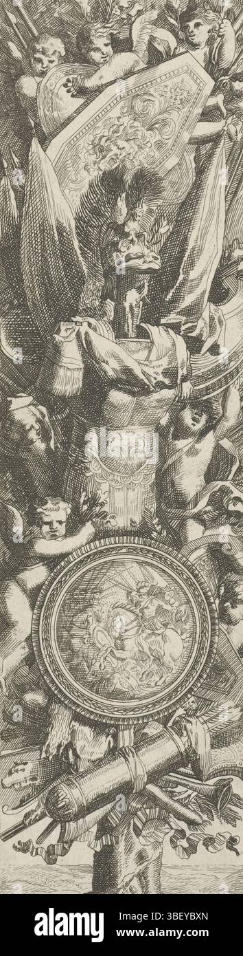 Louis XIV (König von Frankreich), Paris, Mariette, Pierre (II), Frankreich, Lepautre, Jean, Trophées D'Armes à la Romaine, Waffentrophäe, Rundschild mit konkurrierender Kavallerie in der Mitte der Trophäe., Druck, Ornamentdrucke, Drucke, Höhe 152 mm, Breite 222 mm, Französisch, 1618-6-28 - 1682-02-02, Druckmaschine, 1657-1670, drittes Viertel 17. Jahrhundert, Papier, Ätzen, Werkkonzeption, nach eigenem Entwurf, Publikation (Event), Publikation, 1634 - 1716, Verlag, Frans, 5. September 1638 - 1715-091, Rek. Stockfoto