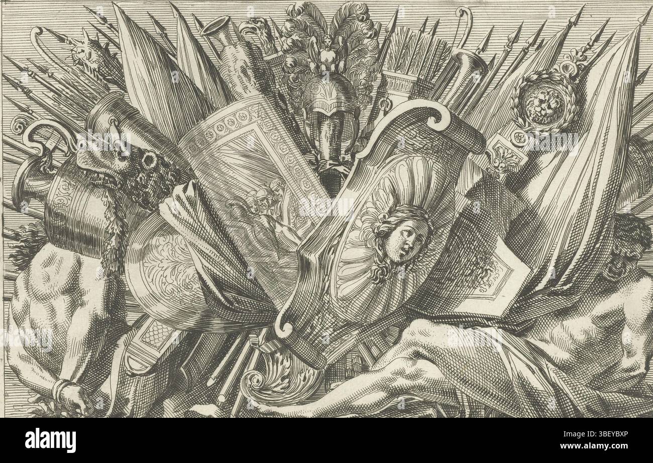 Louis XIV (König von Frankreich), Paris, Mariette, Pierre (II), Frankreich, Lepautre, Jean, Trophées D'Armes à la Romaine, Waffentrophäe, links und rechts ist ein Gefangener zu sehen. Höhe 150 mm, Breite 226 mm, Französisch, 1618-06-28-1682-02-02, Druckmaschine, 1657 - 1670, drittes Viertel 17. Jahrhundert, Papier, Ätzen, Werkkonzeption, nach eigenem Entwurf, Publikation (Event), Publikation, 1634 - 1716, Verlag, 05.09.1638 - 1715-096-01, Empf. Stockfoto