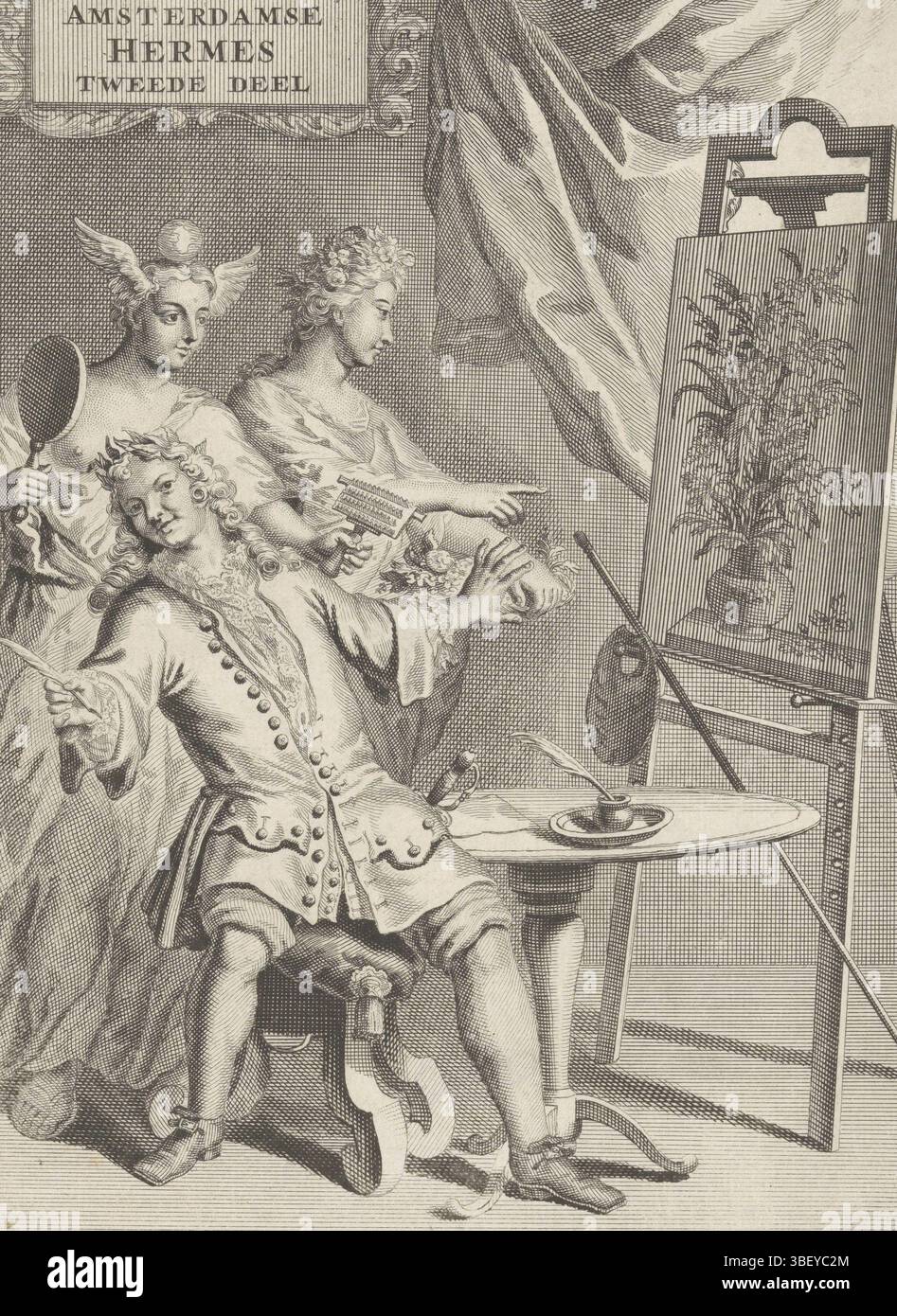 Homepage für: Jacob Campo Weyerman, den Amsterdamsche Hermes, 1723, Amsterdamse Hermes zweiter Teil, allegorische Aufführung mit dem satirischen Schriftsteller Jacob Campo Weyerman, Amsterdam, verso - gestempelt, Jacob Campo Weyerman sitzt zurück als Maler. Flora weist ihn auf ein Blumenstillleben auf dem Esel rechts hin, das aber weggefegt wird. Eine Frau mit Flügeln auf dem Kopf und einem Spiegel in der Hand gibt dem Maler einen Roscam (poordenkam). Das roskam symbolisiert die Satire, auf die Weyerman sich konzentrieren wird. Drucken, Titelseite, Drucken, Höhe 191 mm, Breite 147 mm, Drucker, 1723 - 1723, Papier, Gravur, Gravur (Druck Stockfoto
