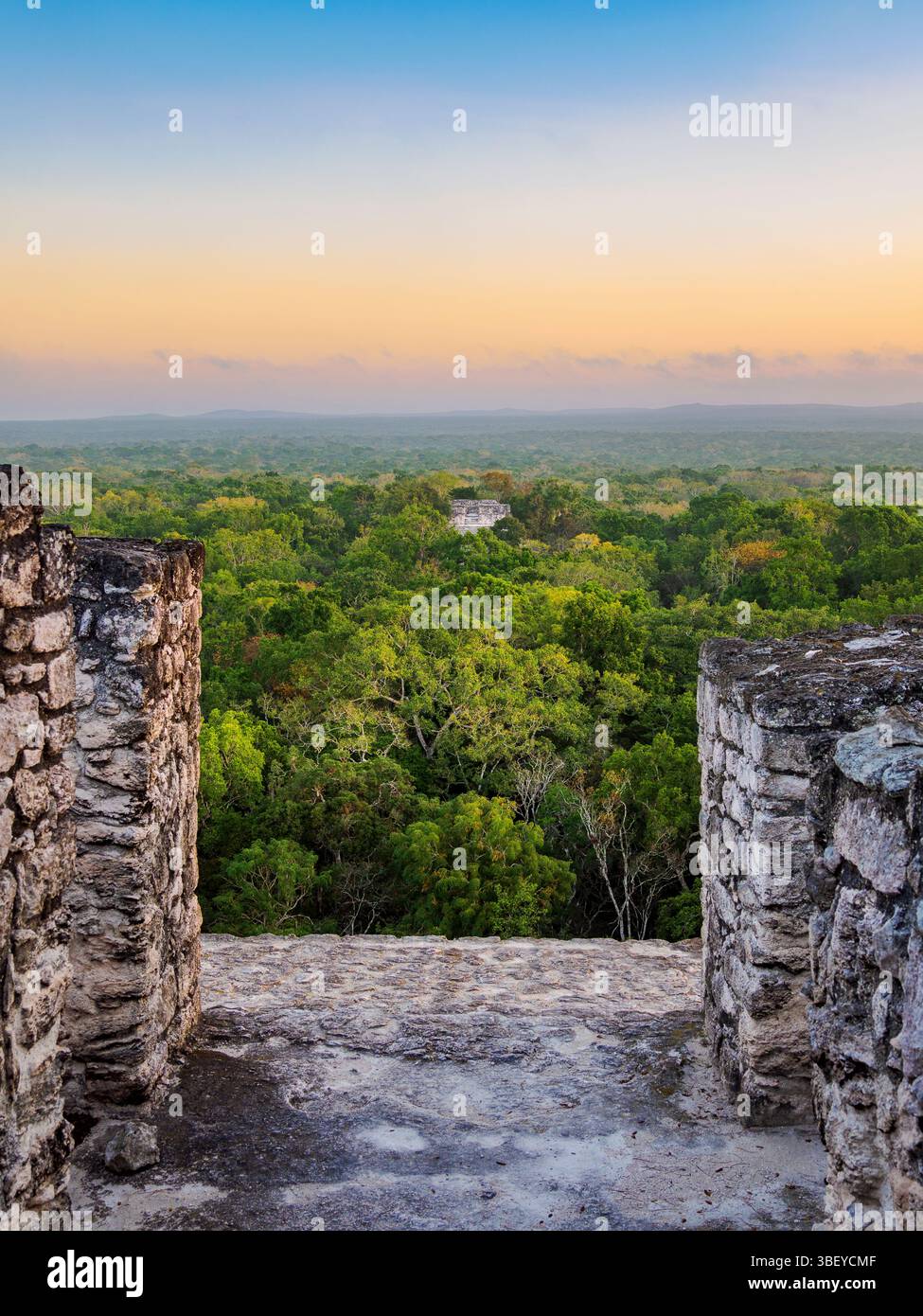 Blick über Struktur II in Richtung Struktur VII bei Sonnenaufgang, Calakmul Archäologische Stätte, Campeche State, Mexiko Stockfoto