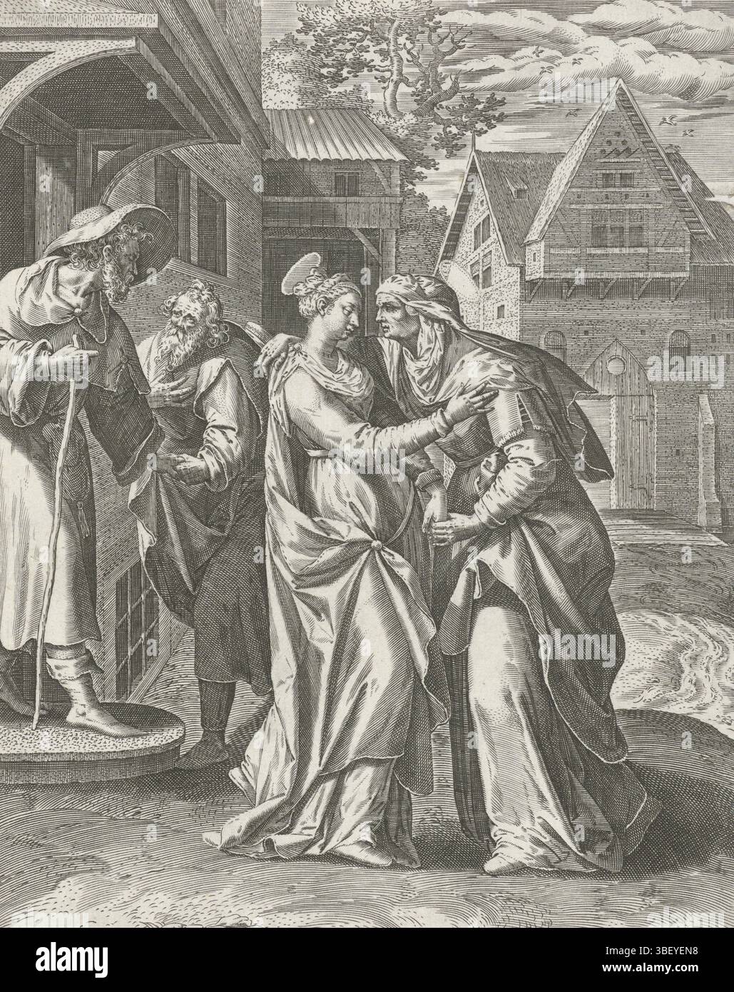 Sadeler, Johann (I), Vos, Maerten de, Frankfurt, Sadeler, das Leben und die Leidenschaft Christi und der Jungfrau Maria, Visitation, rückseitig mit Mittelstempel, Besuch Marias bei ihrer Cousine Elisabeth. Die beiden Umarmungen. Nach links schütteln Joseph und Zacharias die Hand. Der Druck hat eine lateinische Bibelunterschrift und ist der zweite Druck einer fünfzehnteiligen Serie über das Leben Christi und der Jungfrau Maria., Druck, rückseitig Mitte unten - gestempelt, Höhe 194 mm, Breite 142 mm, Südholländisch, 1550 - 1600-08, Druckerei, 1587 - 1589, Papier, Gravur, Gravur (Druckverfahren), 1532 - 1603-12-04, fortgeschrittener Verfasser, nach Zeichnung, Stockfoto
