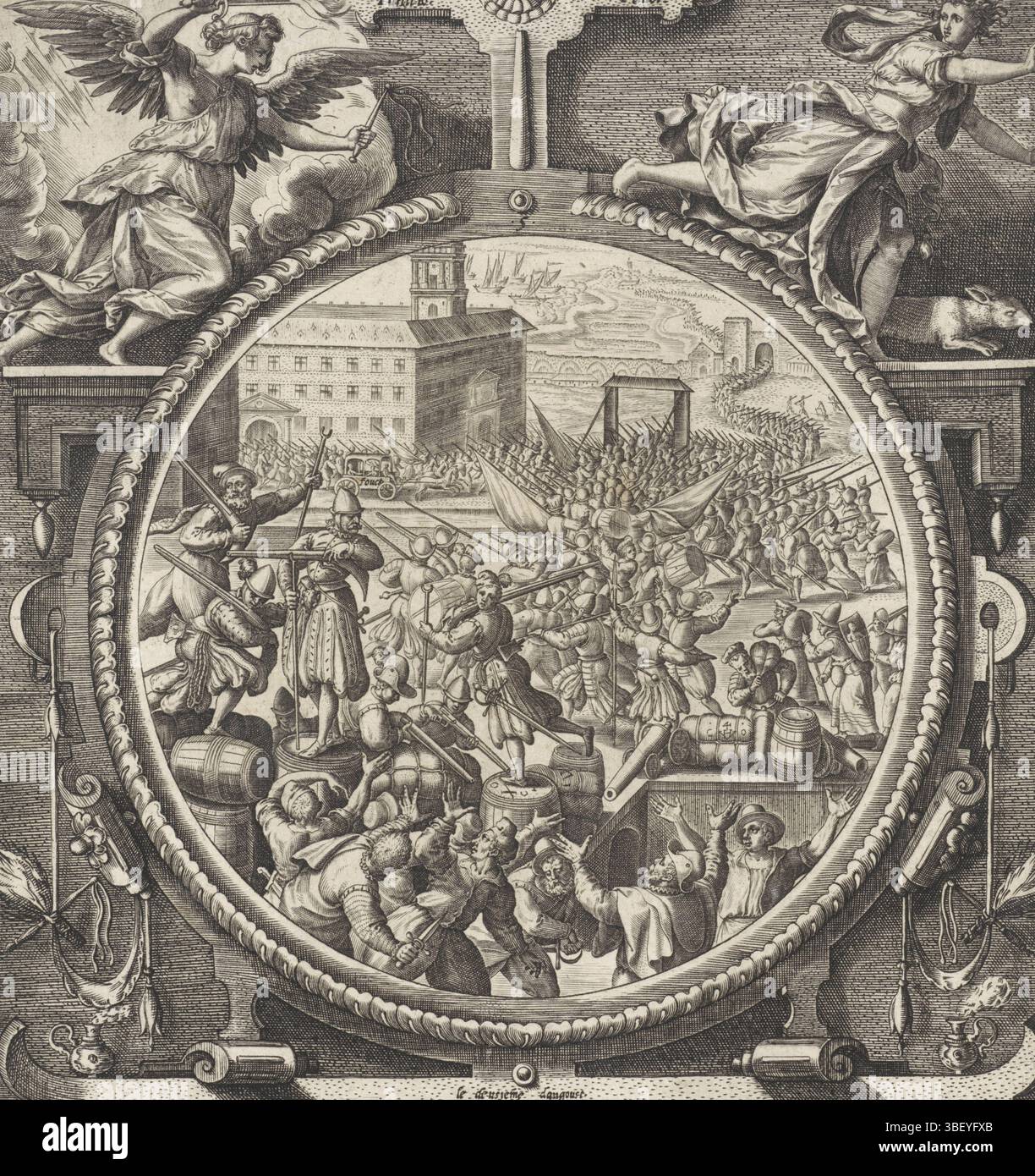 Vos, Maerten de, Antwerpen, Wierix, Medaillons mit der Eroberung der Zitadelle von Antwerpen im Jahre 1577, Panik unter den deutschen Soldaten durch die Ankunft einiger Schiffe des Prinzen von Orange, 1577, verso links unten - gestempelt, 2. August 1577. Soldaten mit ihren Stiefeln auf der Straße vor dem Orientalischen Haus. Präsentation in einem runden Medaillon mit ornamentalem allegorischem Rahmen mit oben sitzenden weiblichen Charakteren der Strafe (Punitio) und der Frömmigkeit (Pietas). Unten auf einer Kartusche mit 2 Versen von je 6 Zeilen in Französisch und Niederländisch. Druck, Propagandabild, Drucke, rückseitig links unten - gestempelt Stockfoto