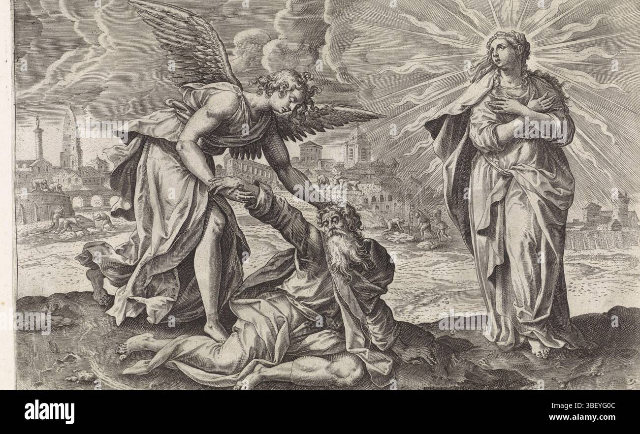 Antwerpen, Jode, Gerard de, Vos, Maerten de, Thesaurus sacrarum historium veteris testamenti, Visionen von Esra, zweite Vision von Esra: Esra getröstet durch den Engel, Antwerpen, verso - gestempelt, der Engel Uriel tröstet Esra und hilft ihm auf. Neben Ezras Vision der strahlenden Frau Sion. Als sie verschwindet, sieht Ezra, wie die Stadt im Hintergrund gebaut wird. Unter der Darstellung ein lateinischer Verweis auf den apokryphen Bibeltext in 4 Esra 10., Druck, Höhe 205 mm, Breite 294 mm, Werkkonzeption, Südholländisch, 1532 - 1603-12-04, nach Design, 1585 - 1585, Papier, Gravur, Gravur (Druckverfahren Stockfoto